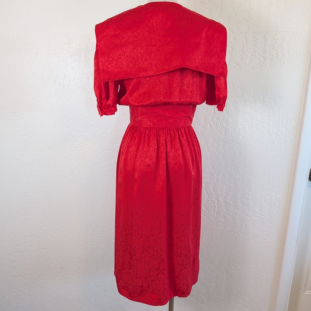 Vintage 80s Red Silk Dress Wrap Bodice Puff Sleeve Midi Cummerbund Waist