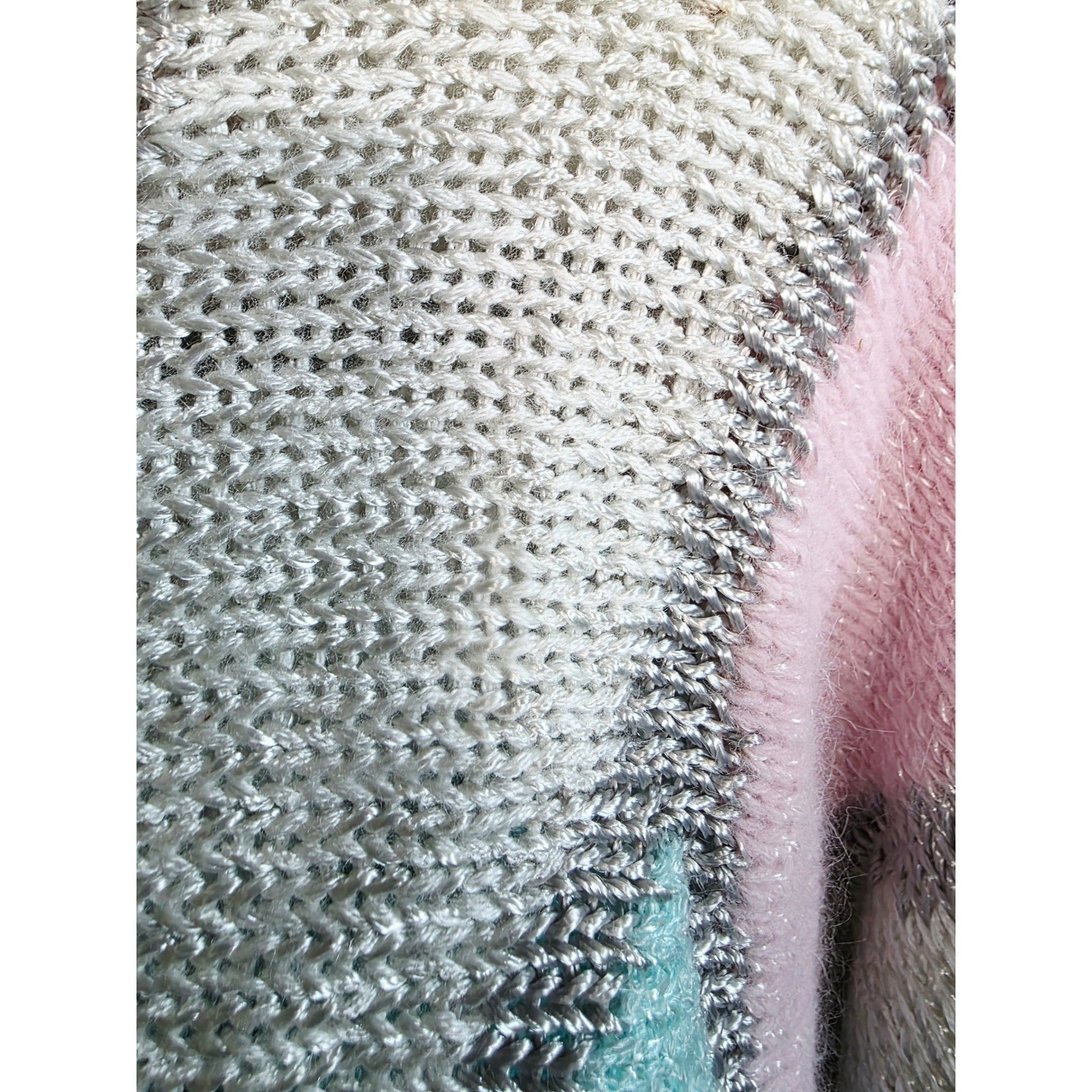Vintage Ginenne M 80s Colorblock Sweater Pink Aqua Silver Metallic Wool Acrylic