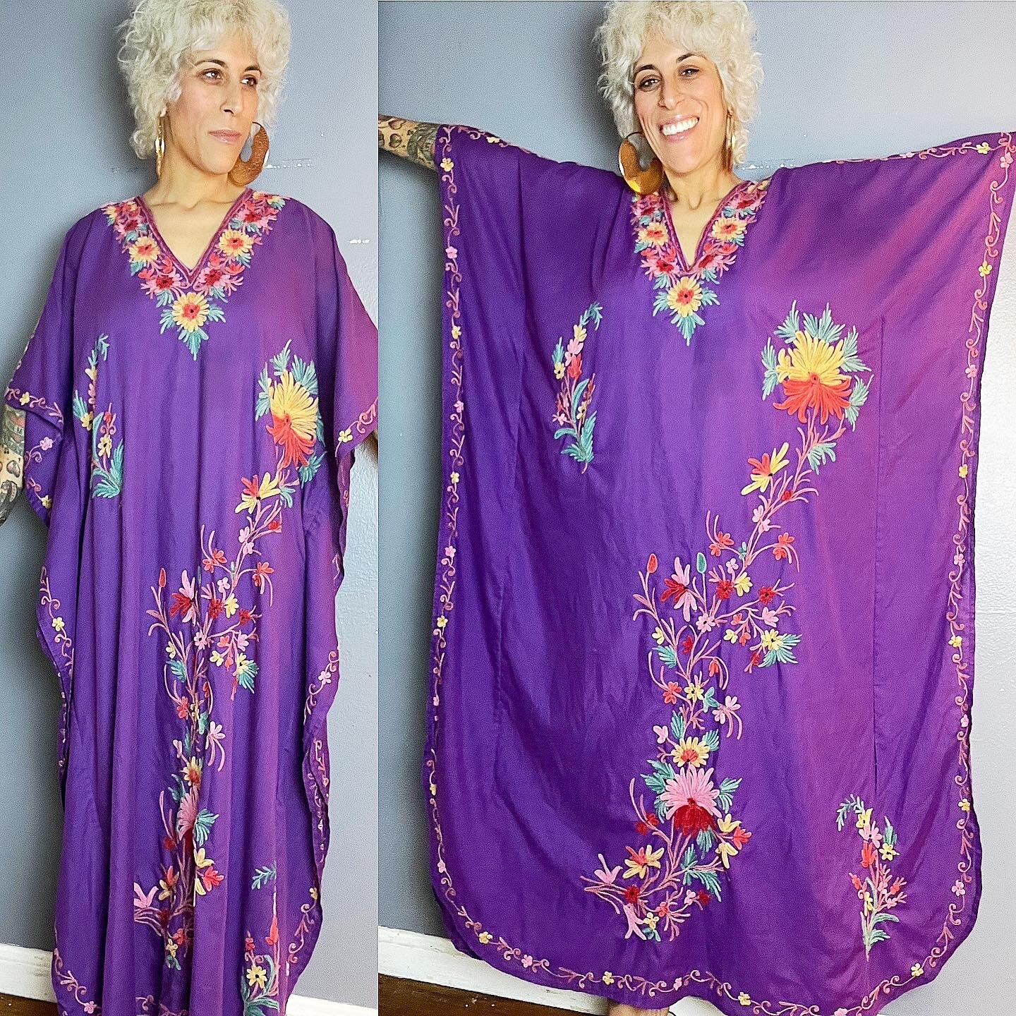 ROYAL PURPLE 70’s 70s Corded Embroidery Embroidered Vintage Caftan Kaftan Dress