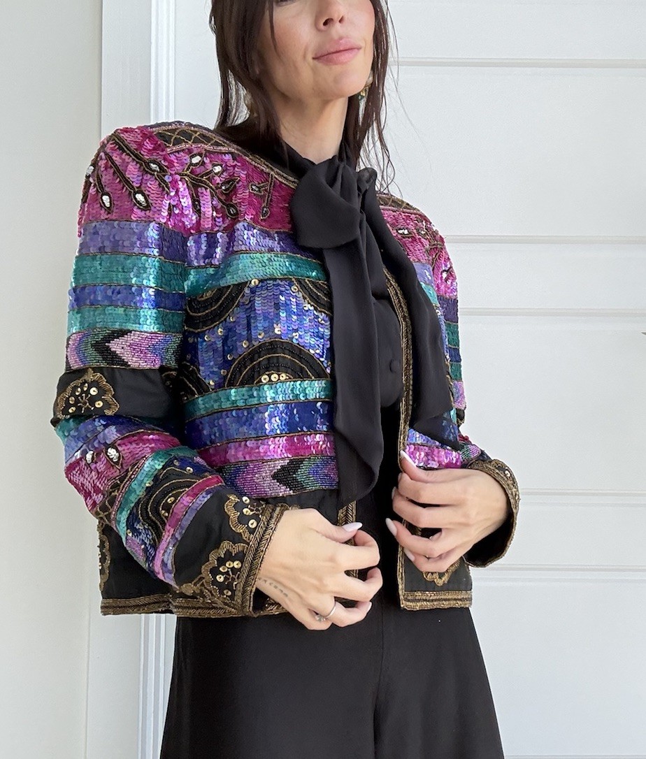 80s Sequined Multicolored Eye Catching Cropped Silk Glam Jacket Size Large