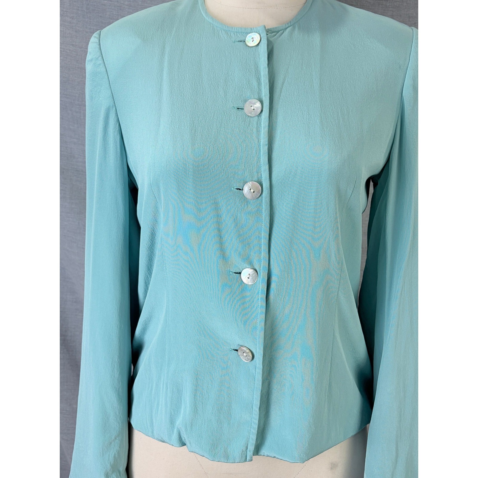 Vintage Casual Corner 100% Silk Button Front Blouse Aqua Turquoise Lined Size 2