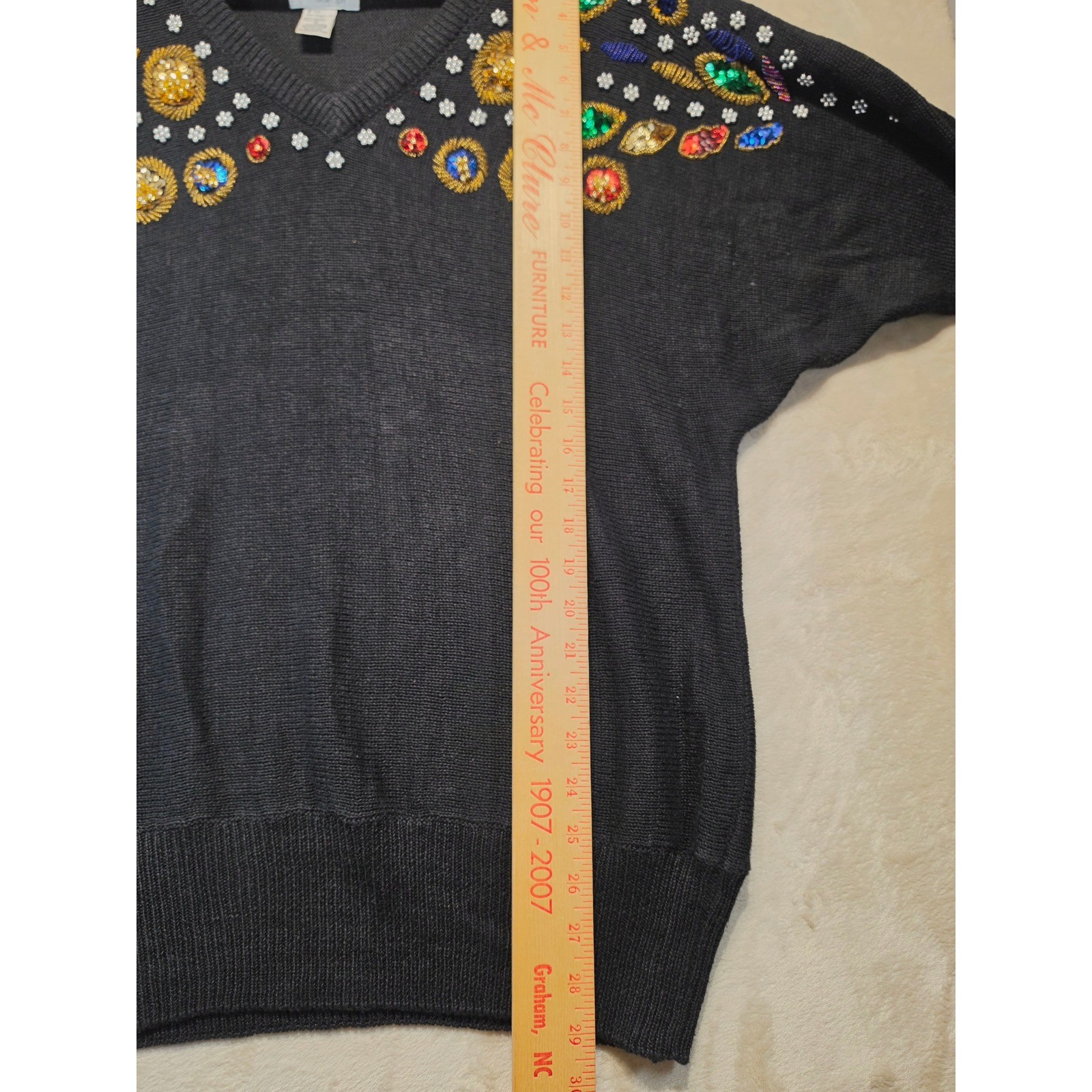 Vintage 1991 SML Sport Ltd Black Beaded Sequin V-Neck Sweater Womens M Retro