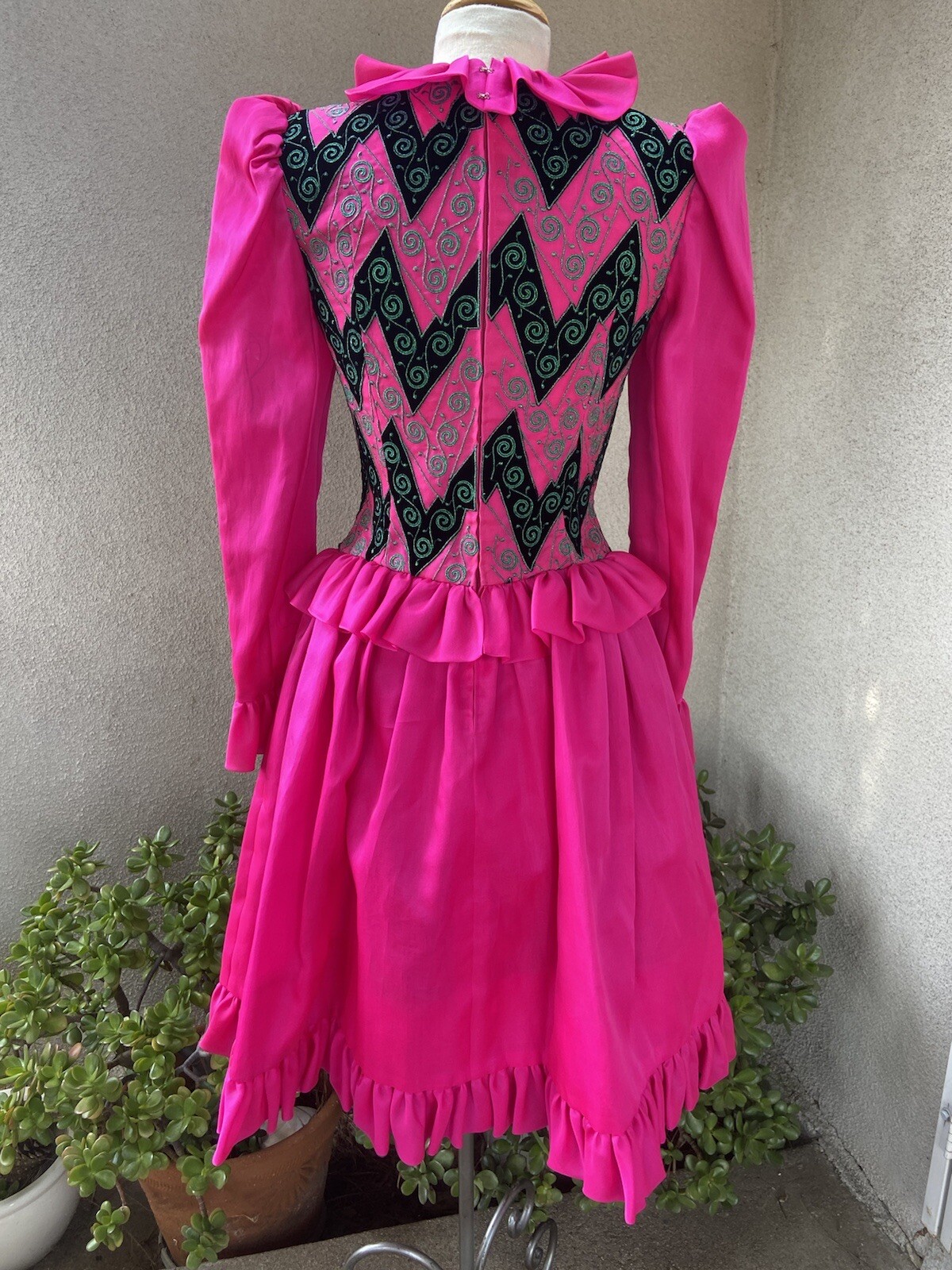 Vtg Amen Wardy designer neon chiffon dress ruffles embroidery XS/S P
