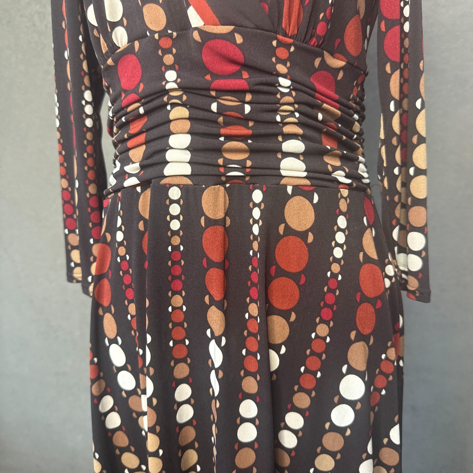 Studio I Petite Brown Dot Print Faux Wrap Dress Long Sleeve Size 12P