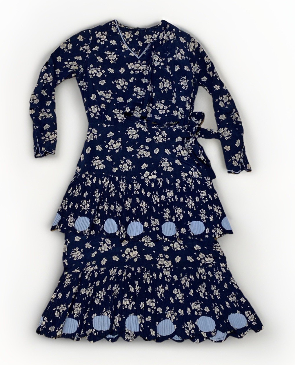 1930s 1940s Navy Floral Rayon Day Dress Side Button Pinked Seams 36 Bust
