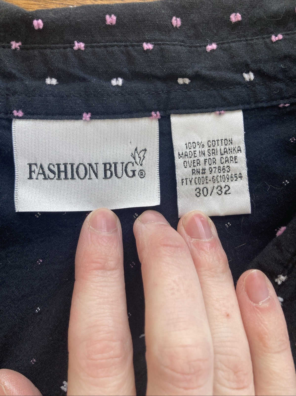 Vtg 90s Fashion Bug Plus Size Blouse Black Pink White Polka Dot Star Embroidered