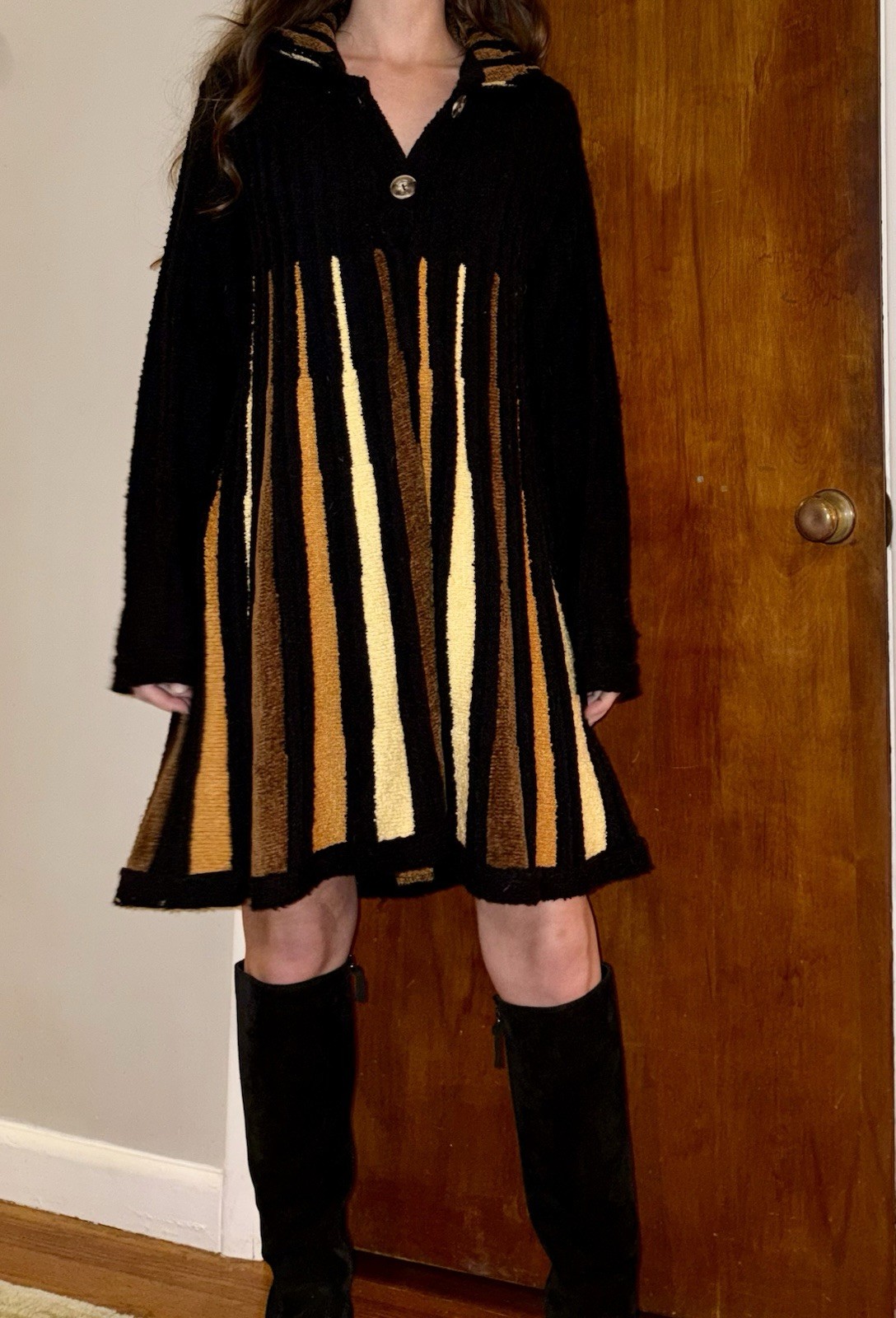 Vintage Gold And Black Button Down Sweater Dress