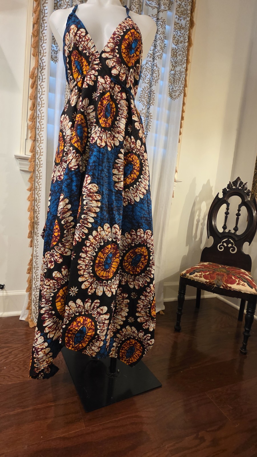 Handmade African Bombchel Multicolor Print Halter Maxi Dress Black Blue OS