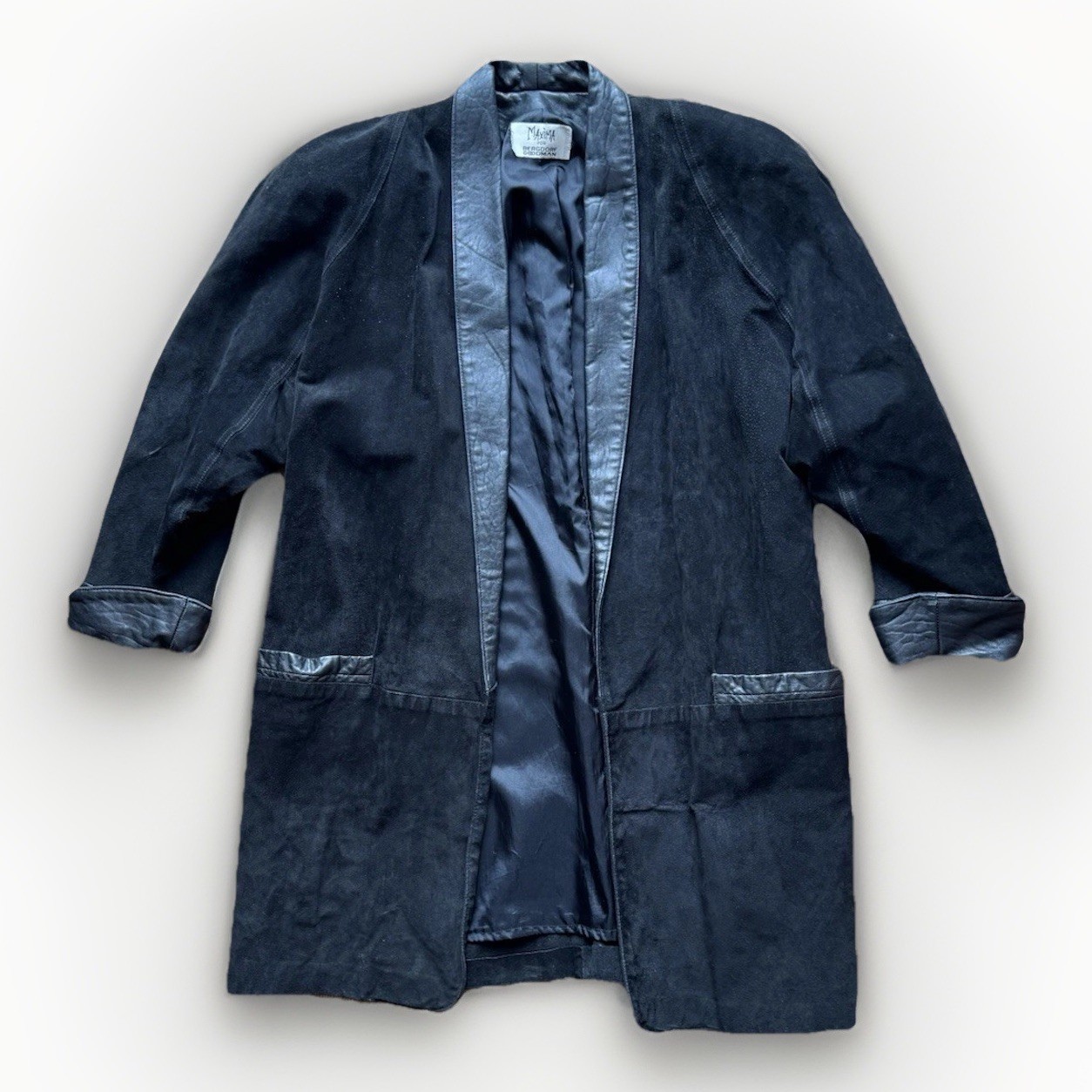 Vintage Maxima for Bergdorf Goodman NYC Black Leather Suede Kimono Trench Coat M