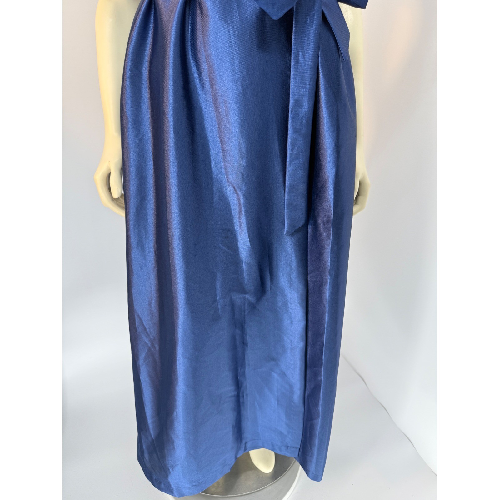 Vintage Puff Sleeve Satin Robe Royal Blue Ruffle Neck Tie Waist Maxi Wrap M/L