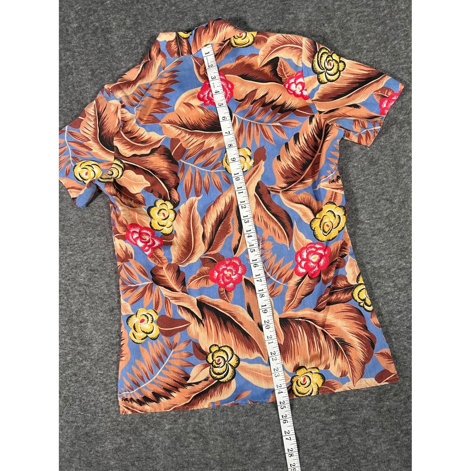 Vintage 80s Tropical Floral Button Down Shirt Short Sleeve Blue Brown RN 22636