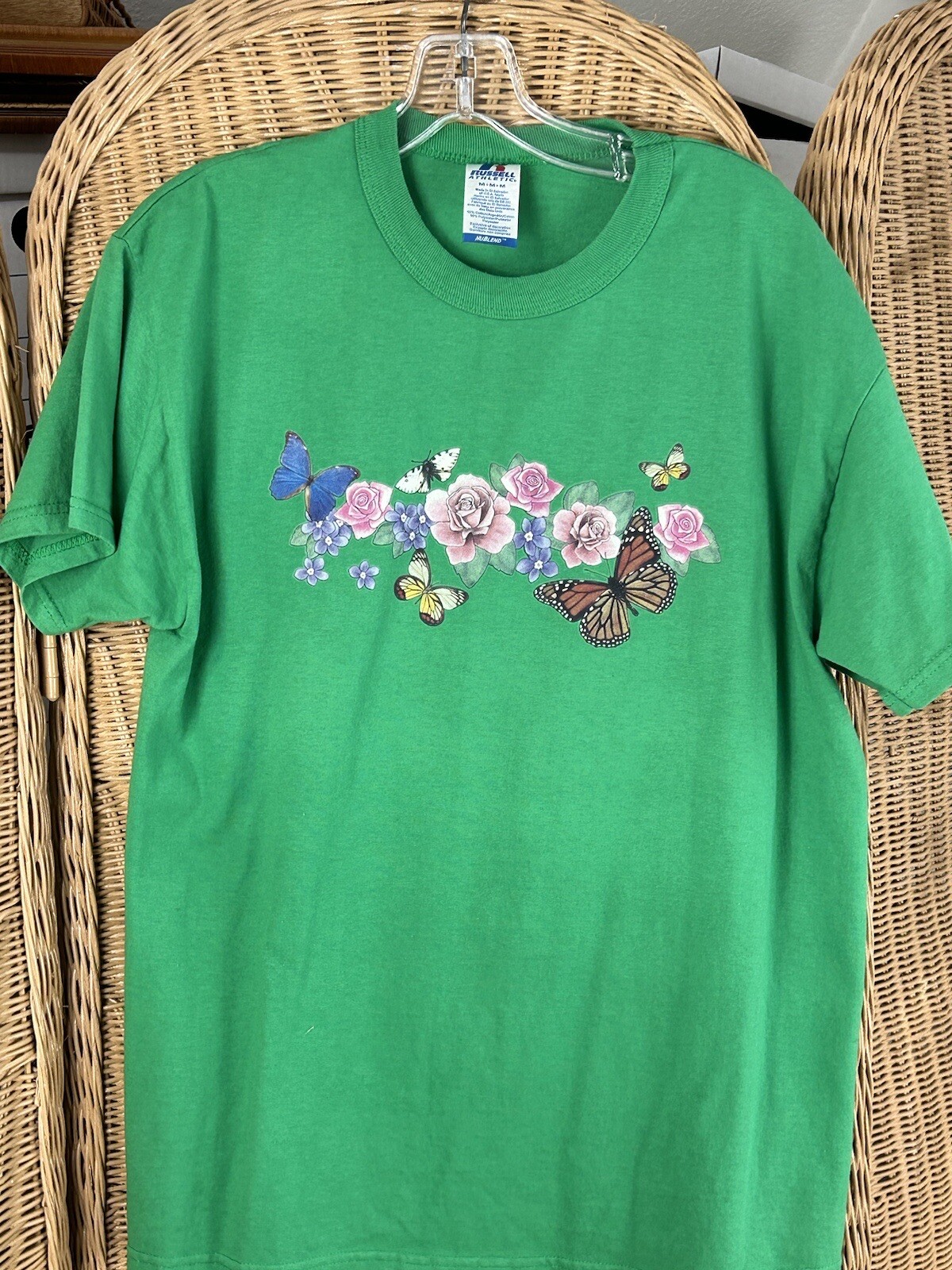 vintage t shirt 90s russell Butterfly Floral Medium Nature green