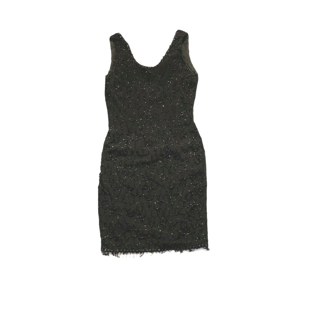 Vintage Niteline Black Beaded Cocktail Dress Honeycomb Pattern Womens 6 Party