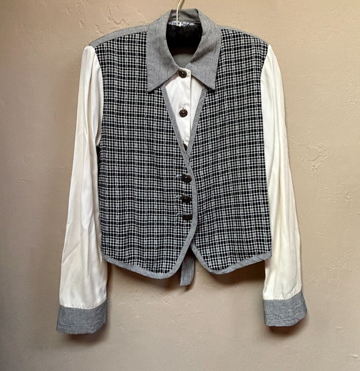 Vintage Women’s Sharon Anthony Long Sleeve White Blouse Houndstooth Vest Size 4P