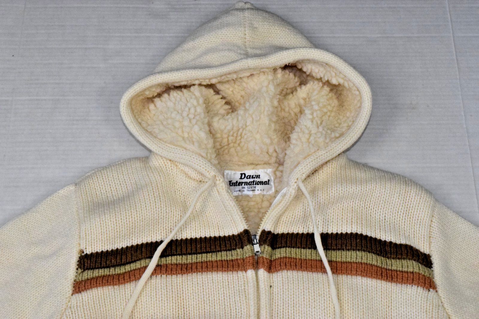 Vintage Sweater Jacket Dawn International Size L 70s Ivory Sherpa Lined Warm
