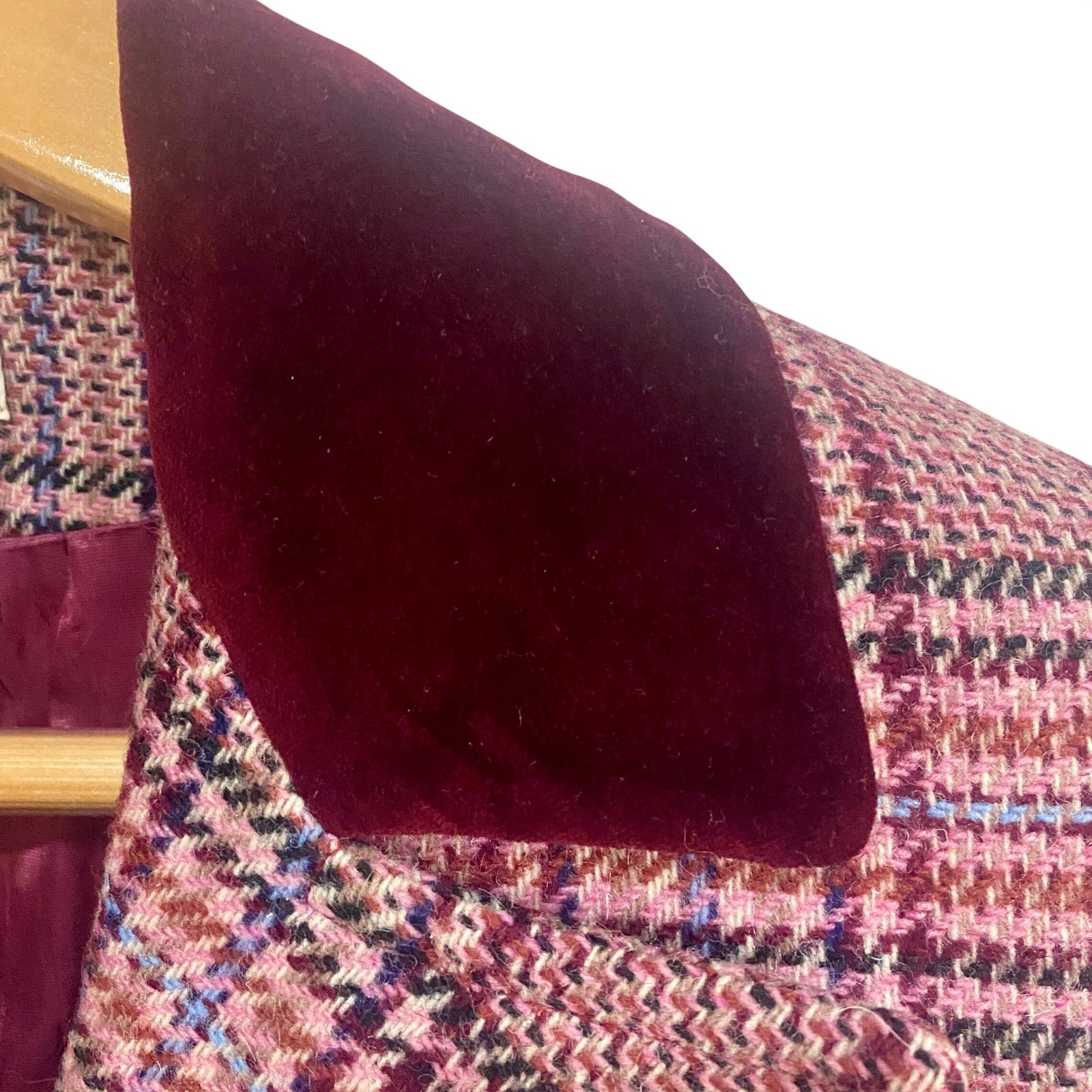 Vintage John Meyer 70s Plaid Wool Blazer Velvet Collar Double Breasted Pink 10