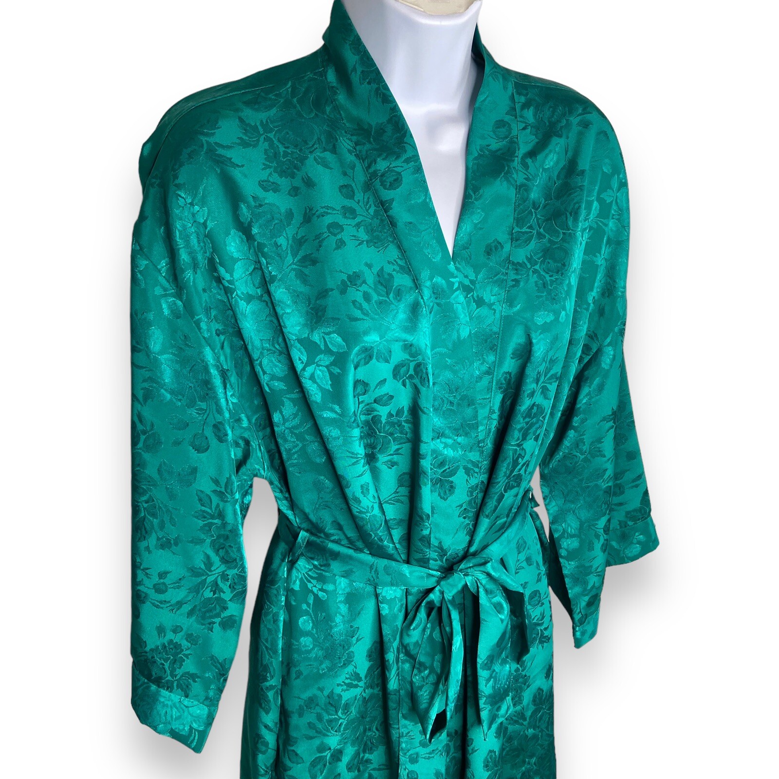 VTG Cachet Size Small Floral Silky Robe Emerald Green Pockets Belt 80s Kimono