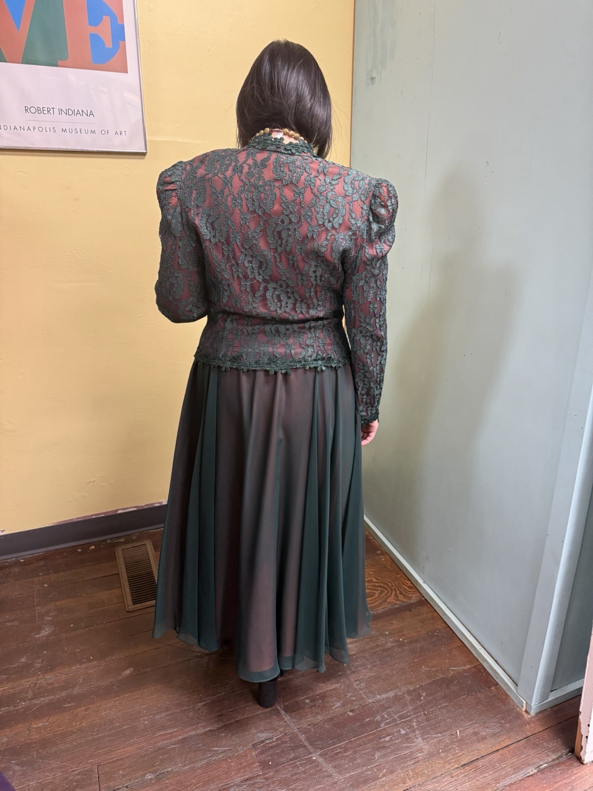 Vintage 80s Cachet by Bari Protas Green Lace Victorian Style Skirt & Top Set L
