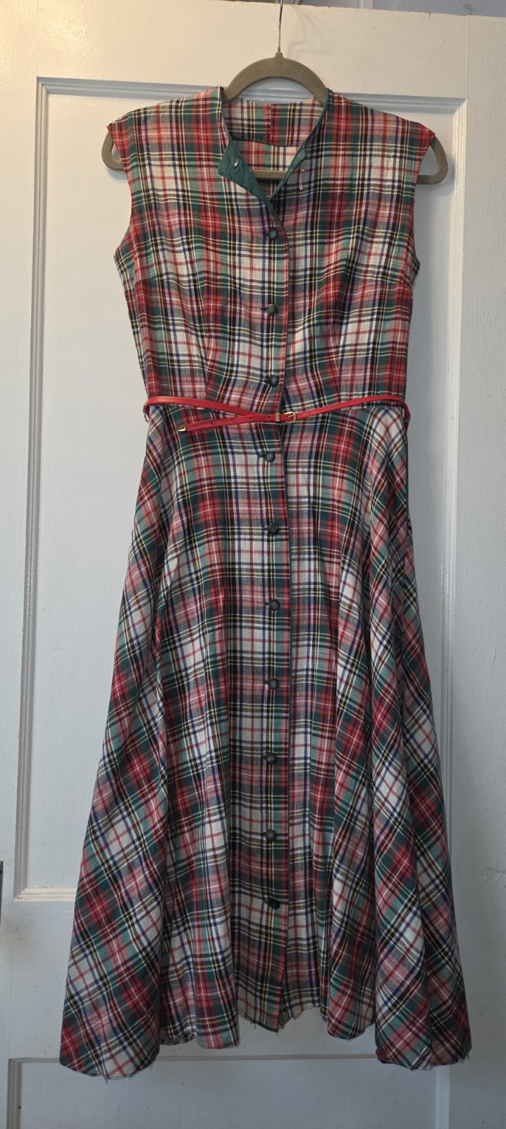 Vintage 70’s Red Green Plaid A Line Belted Cotton Dress. S
