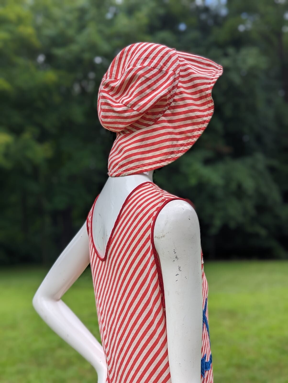 NAUTICAL THEME VINTAGE 1930’S CANDY CANE STRIPED BEACH PAJAMAS ROMPER W HAT