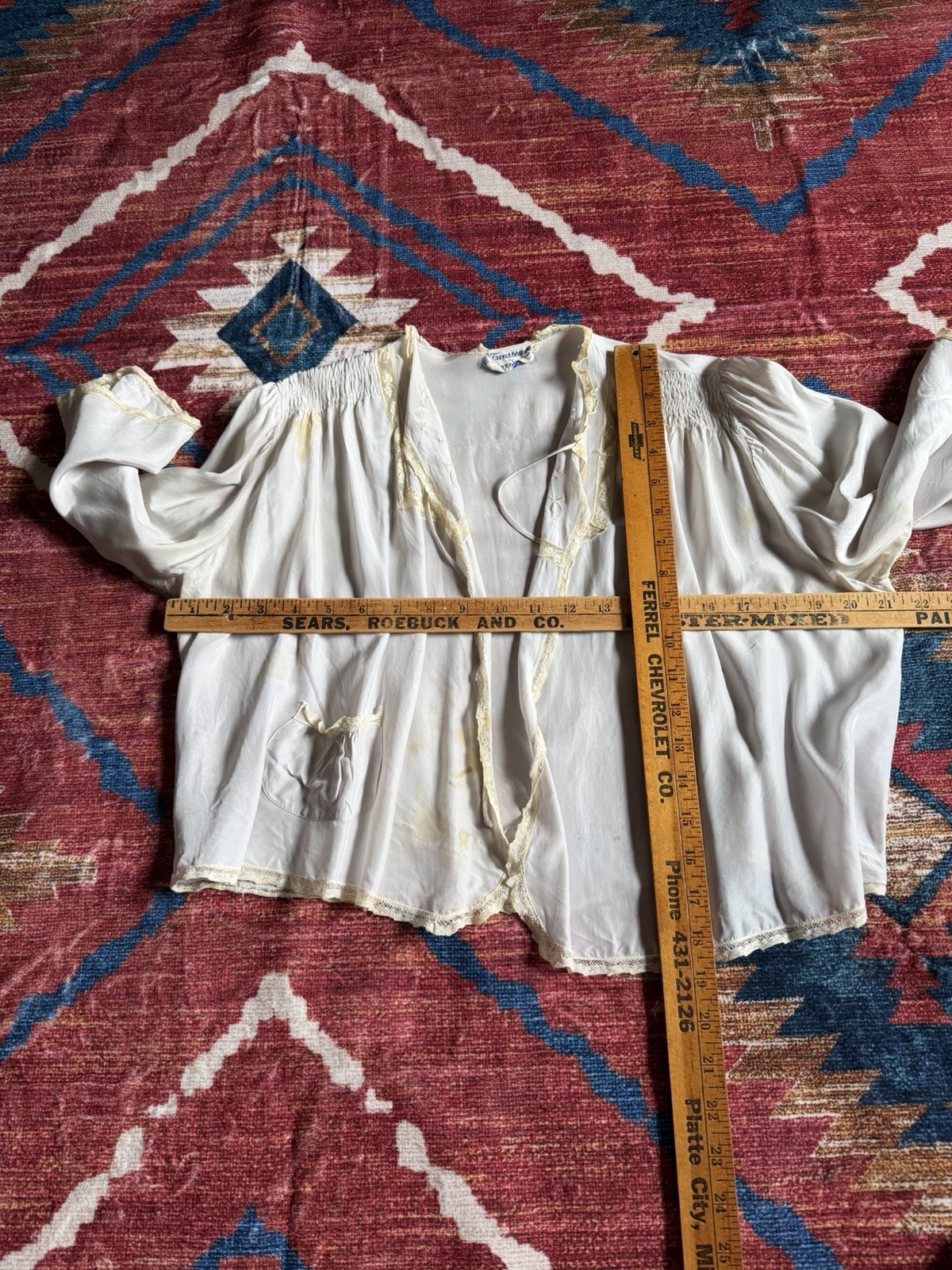Vintage 1930s Trousseaux by Terris Grey Blue Bed Jacket W/ Ivory Lace *stains