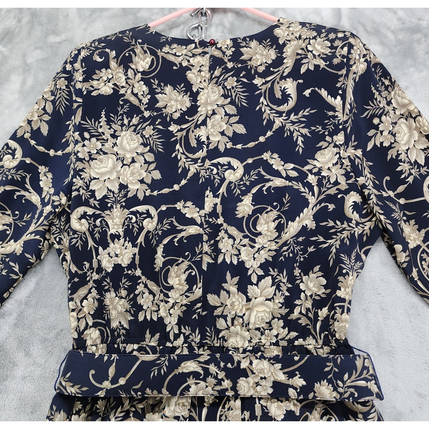 Vintage 80s Pellini by Von Bramlett Dress Size 14 Blue Tan Floral Belted Pleated