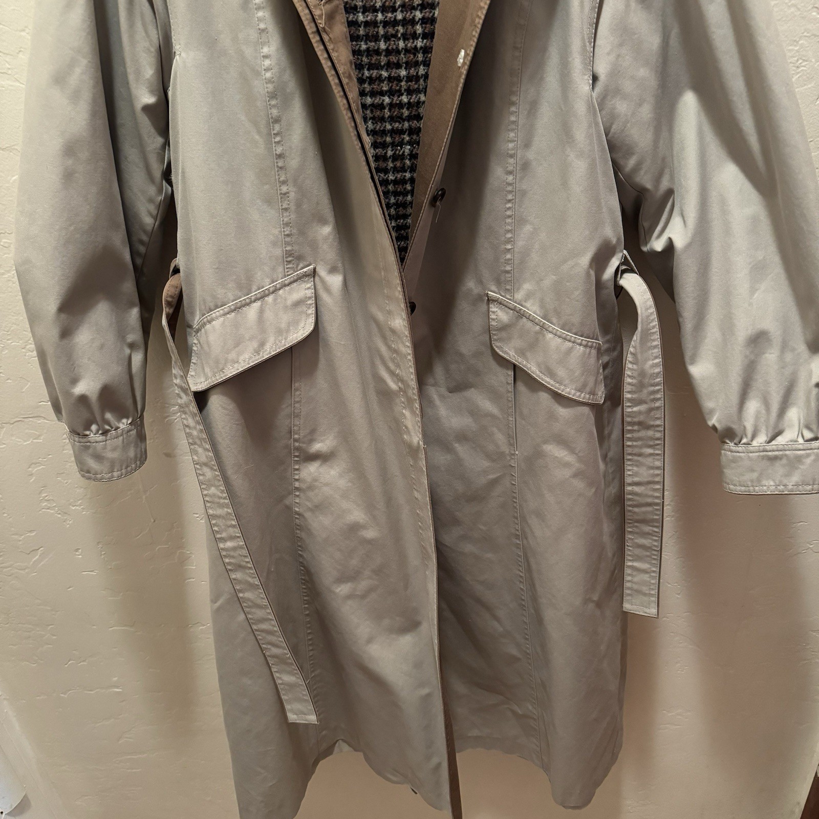 Vtg Trench Coat Maxi Tan Pockets Removable Hood/Lining (Wool Blend) GDT TOO