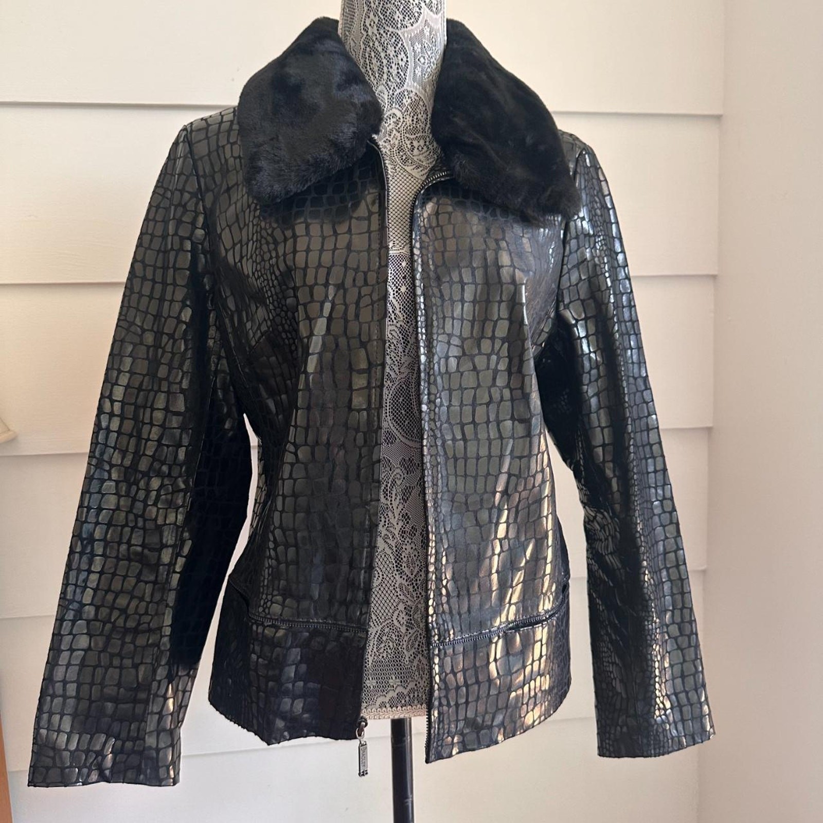 Y2K Black Leather Jacket with Faux Fur Collar by Bradley Bayou