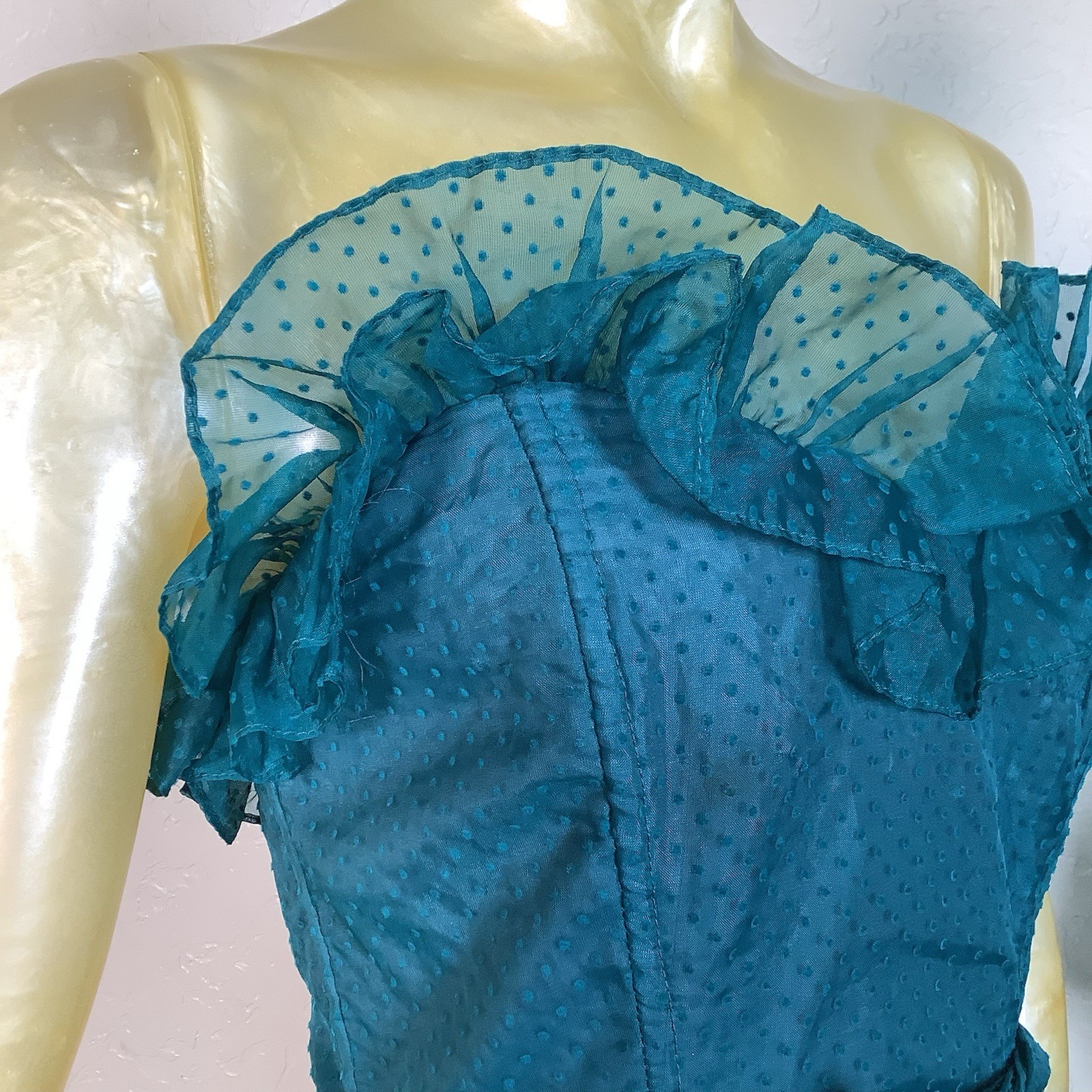 Vtg 1980s Gunne Sax Teal Swiss Dot Strapless Tea Length Semi-Formal Dress