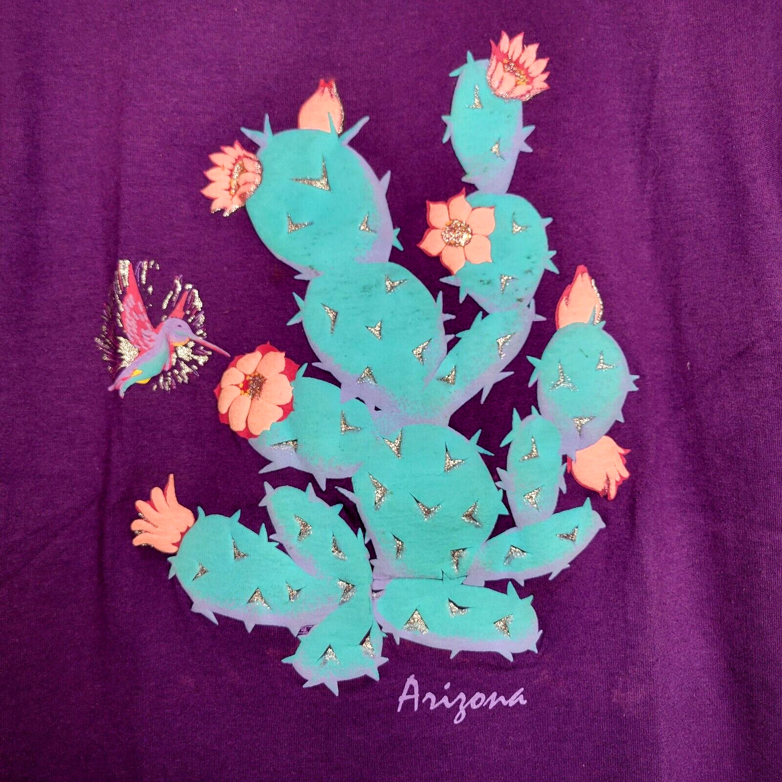 Vintage Arizona Cactus Hummingbird T-Shirt Screen Stars Women’s M Purple Tee 90s