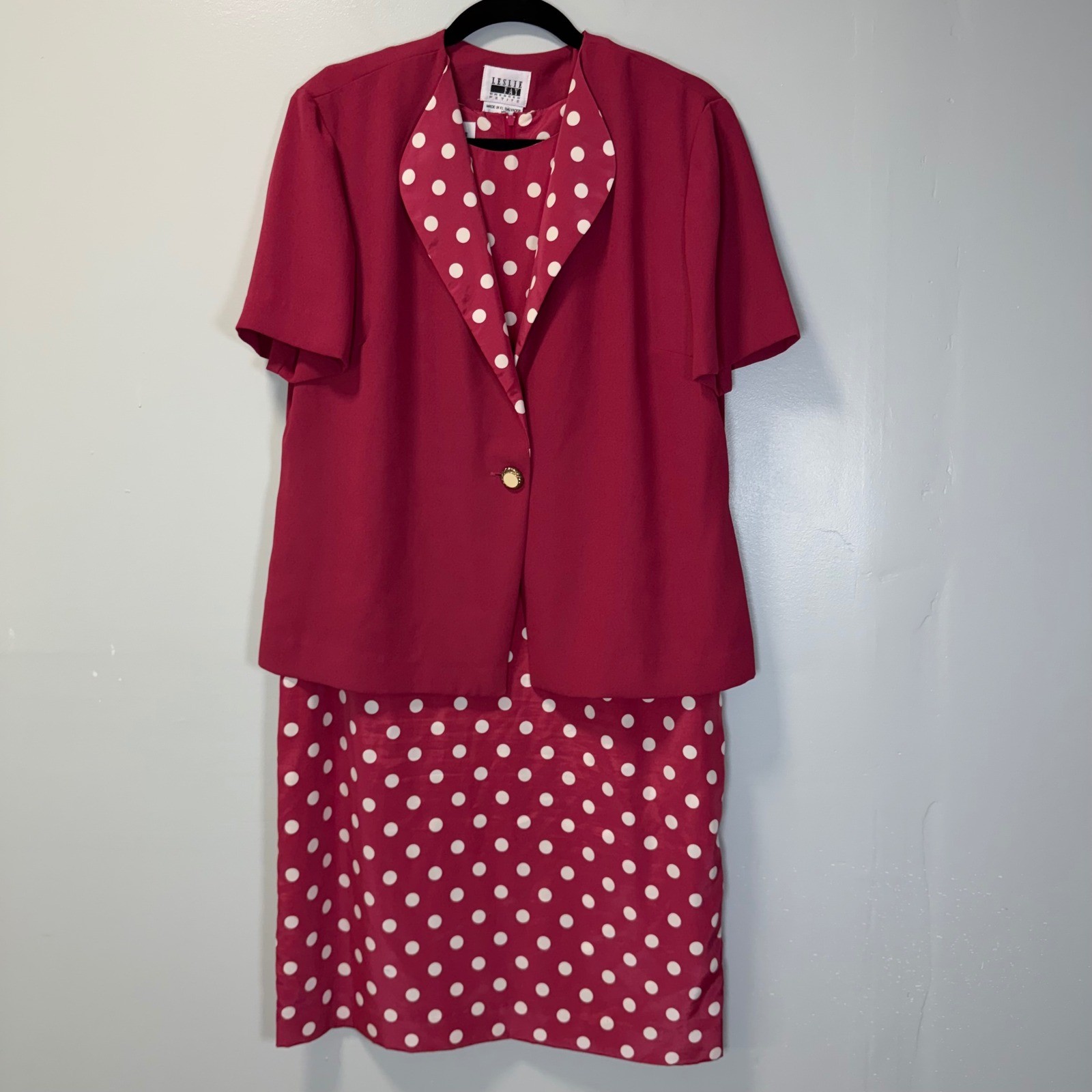 Leslie Fay Vintage Polka Dot Dress and Jacket Set Raspberry Pink Womens 14P