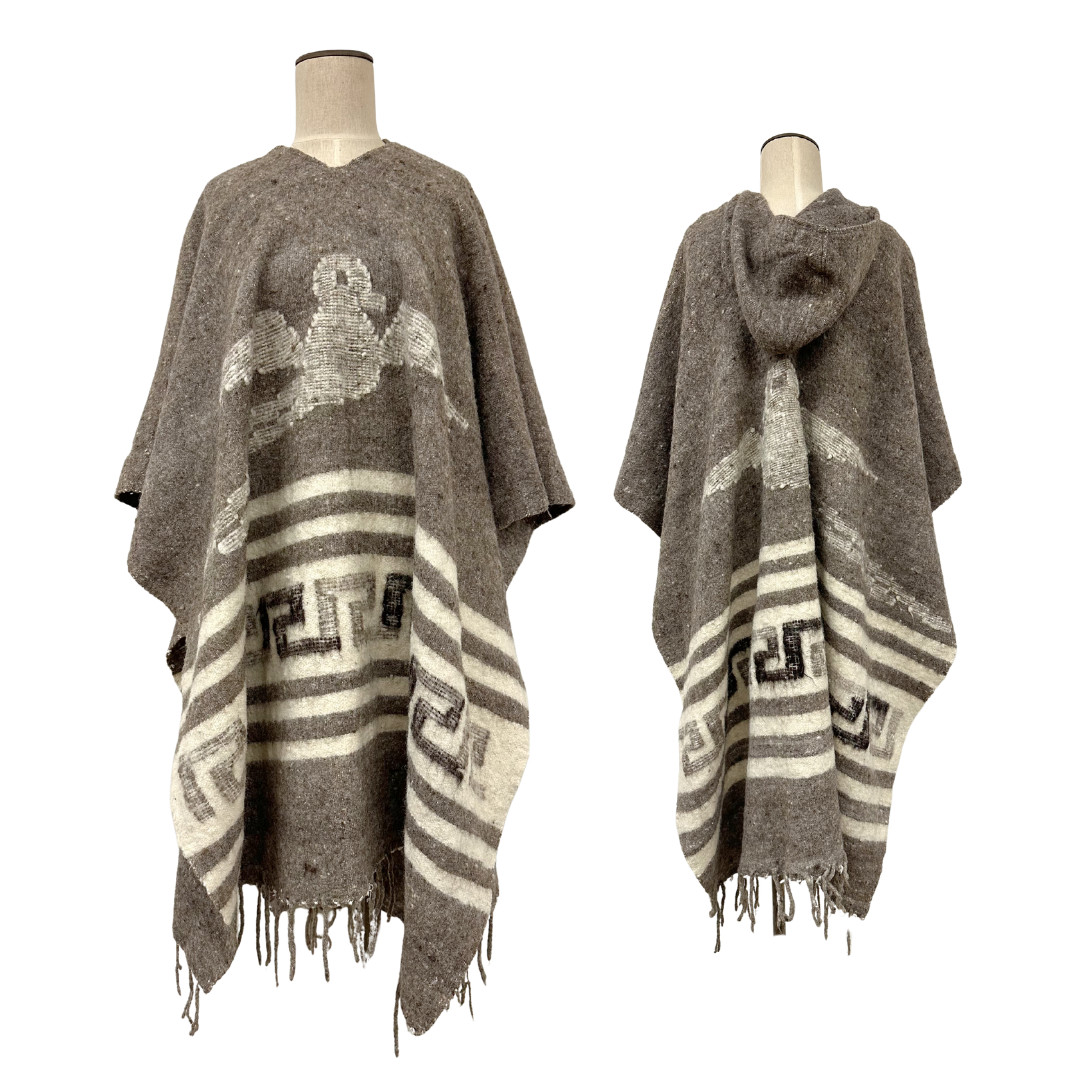 Vintage Southwest Gray Wool Hooded Poncho Serape w Fringe & Bird Detail