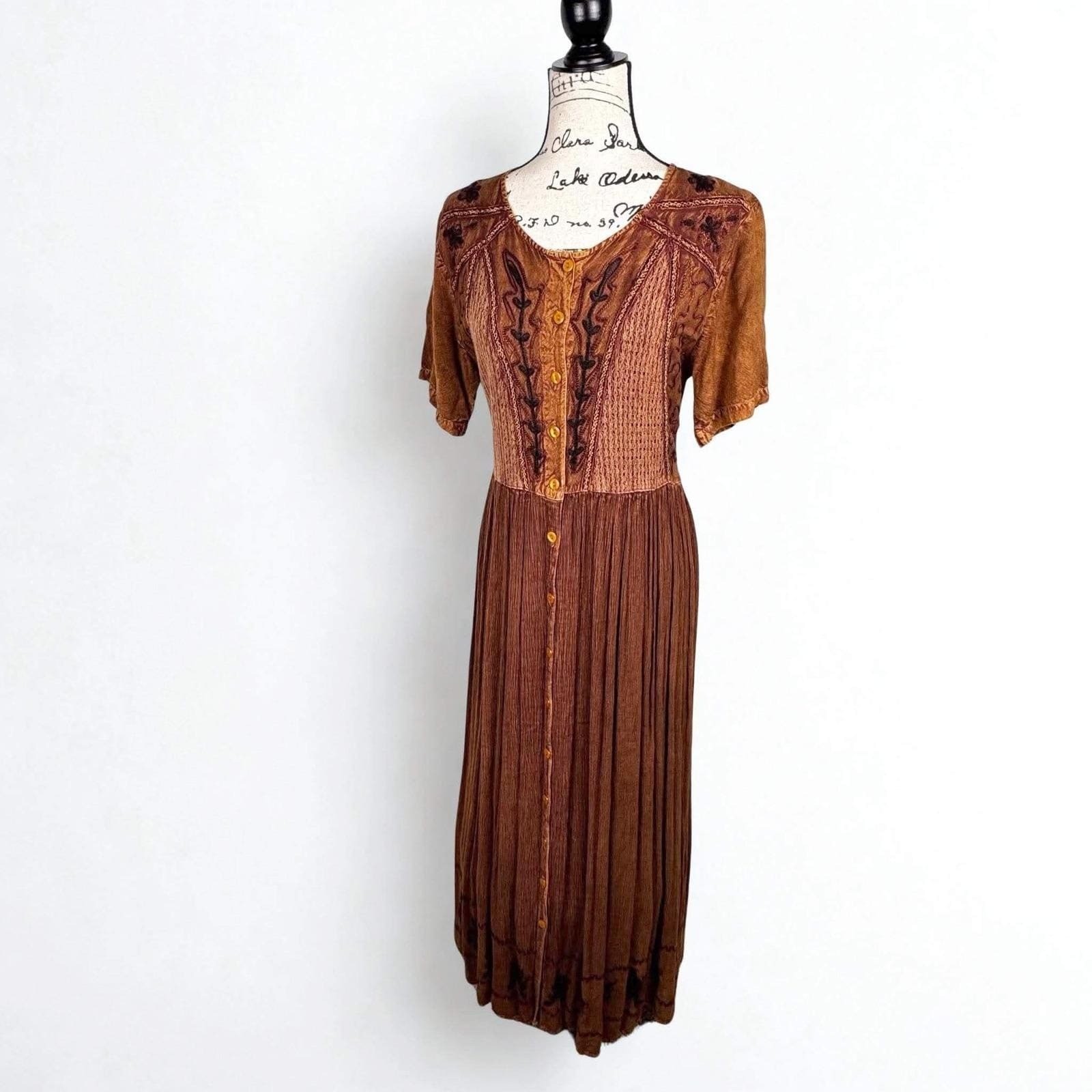 Vtg Brown Maxi Dress Embroidered Tie Back Sz Medium Boho Renaissance Fairy
