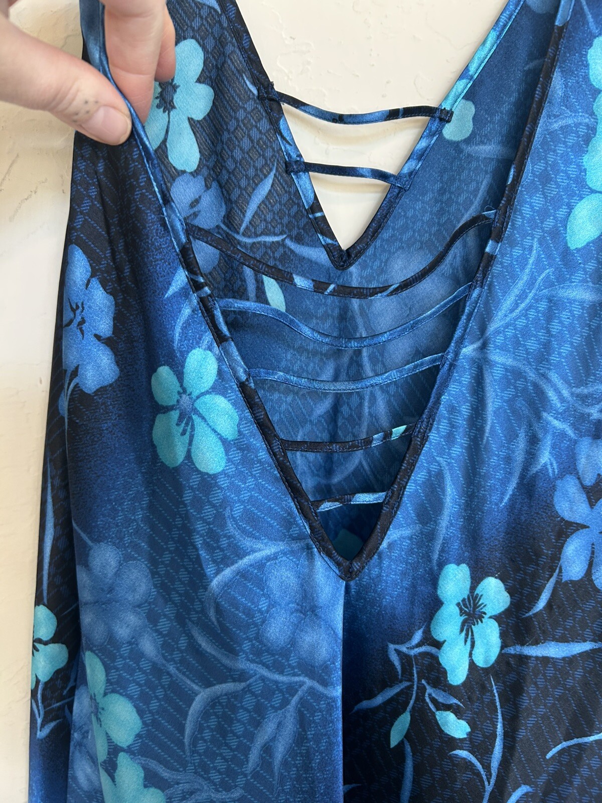 Vintage 90s Y2K Warners Sleepwear Blue Floral Maxi Satin Slip Dress Long S