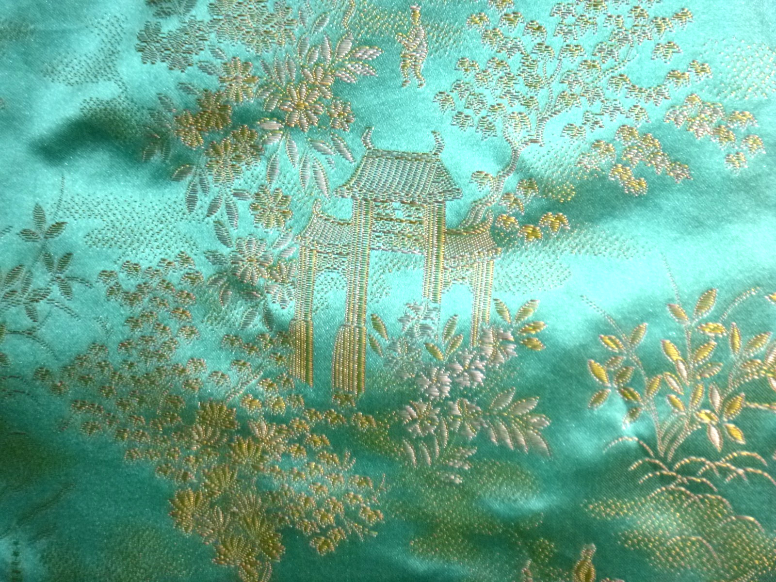 Vtg 40s 50s Aqua & Gold Satin Brocade Robe Dressing Gown Asian Motif Sz S/M