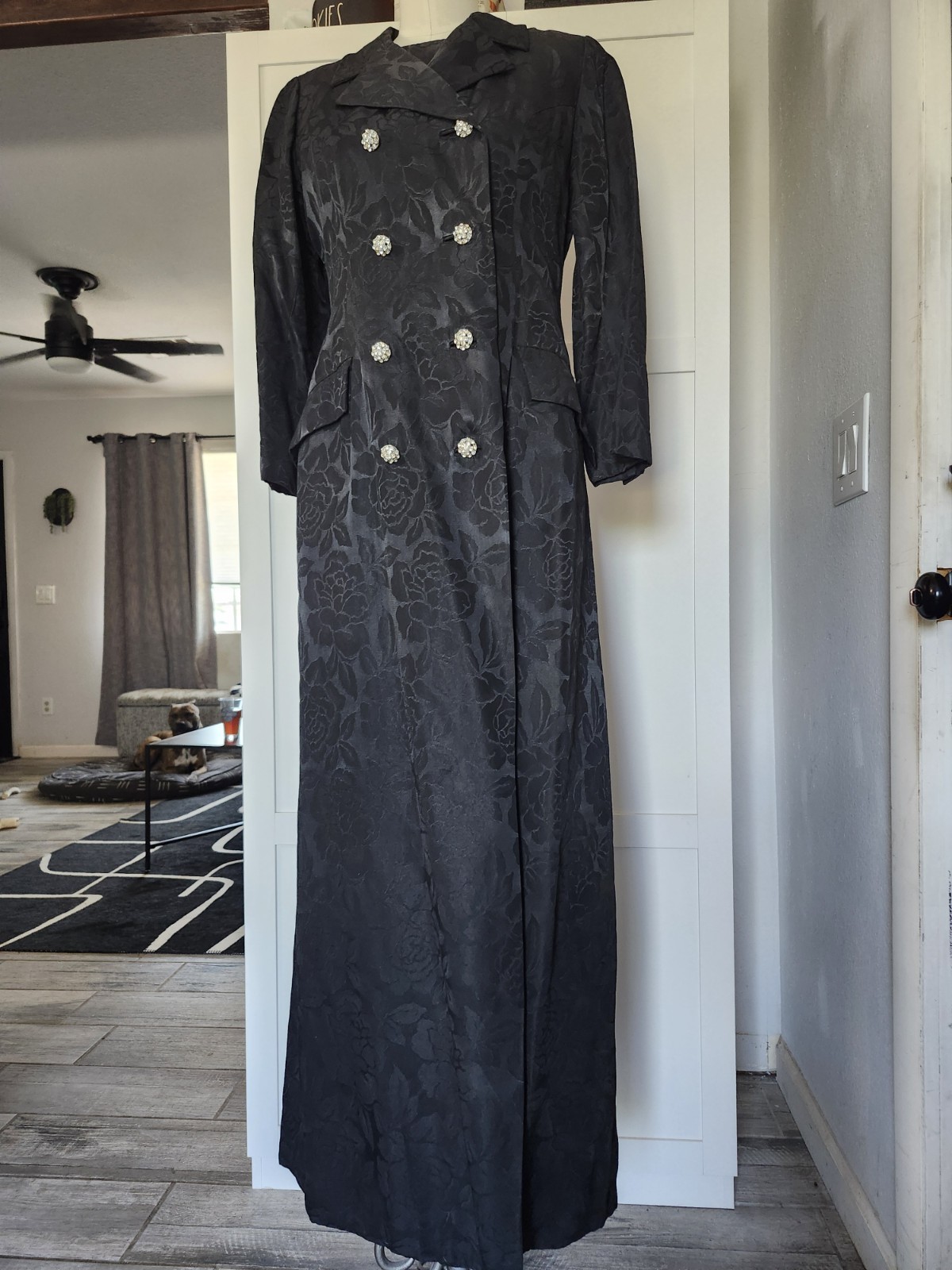 VTG 50s 2 PC Shift Dress & Jacket Coat Rhinestone Buttons Lined Floral Brocade