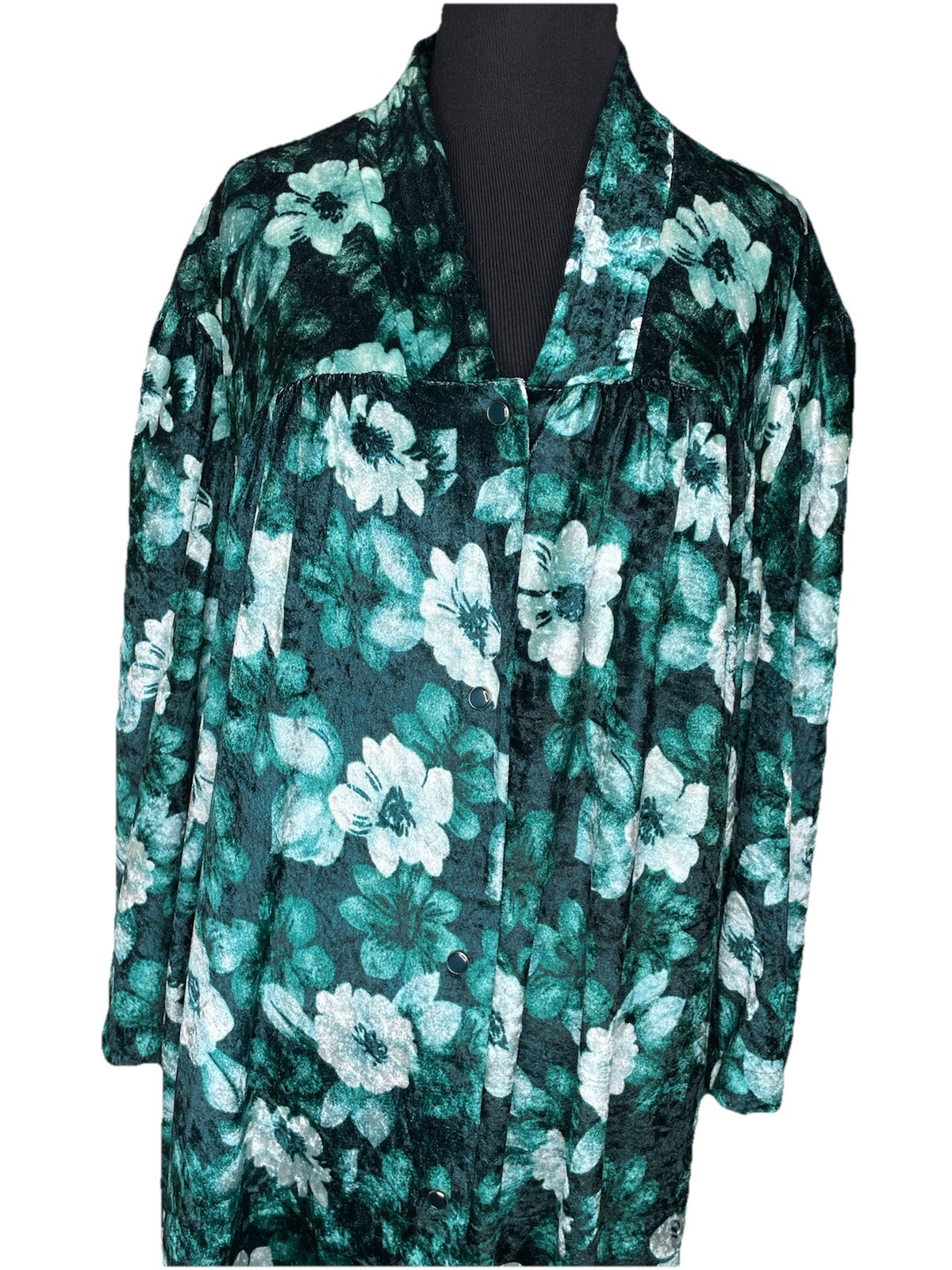 Vtg Robe Housecoat Floral Full Snap Buttons Plush Pockets Green Simply Basic 1XL
