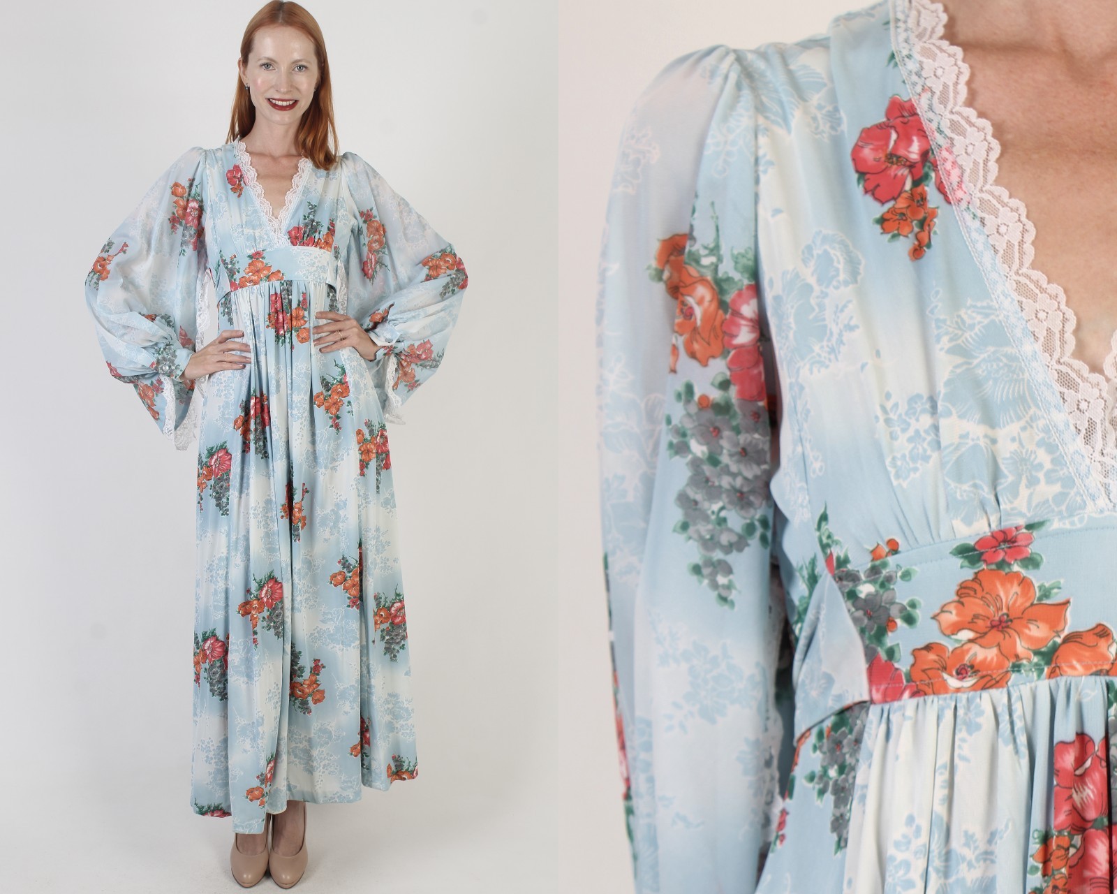 Vintage 70s Angle Kimono Sleeve Dress Red Rose Prairie Cottagecore Gypsy Maxi M