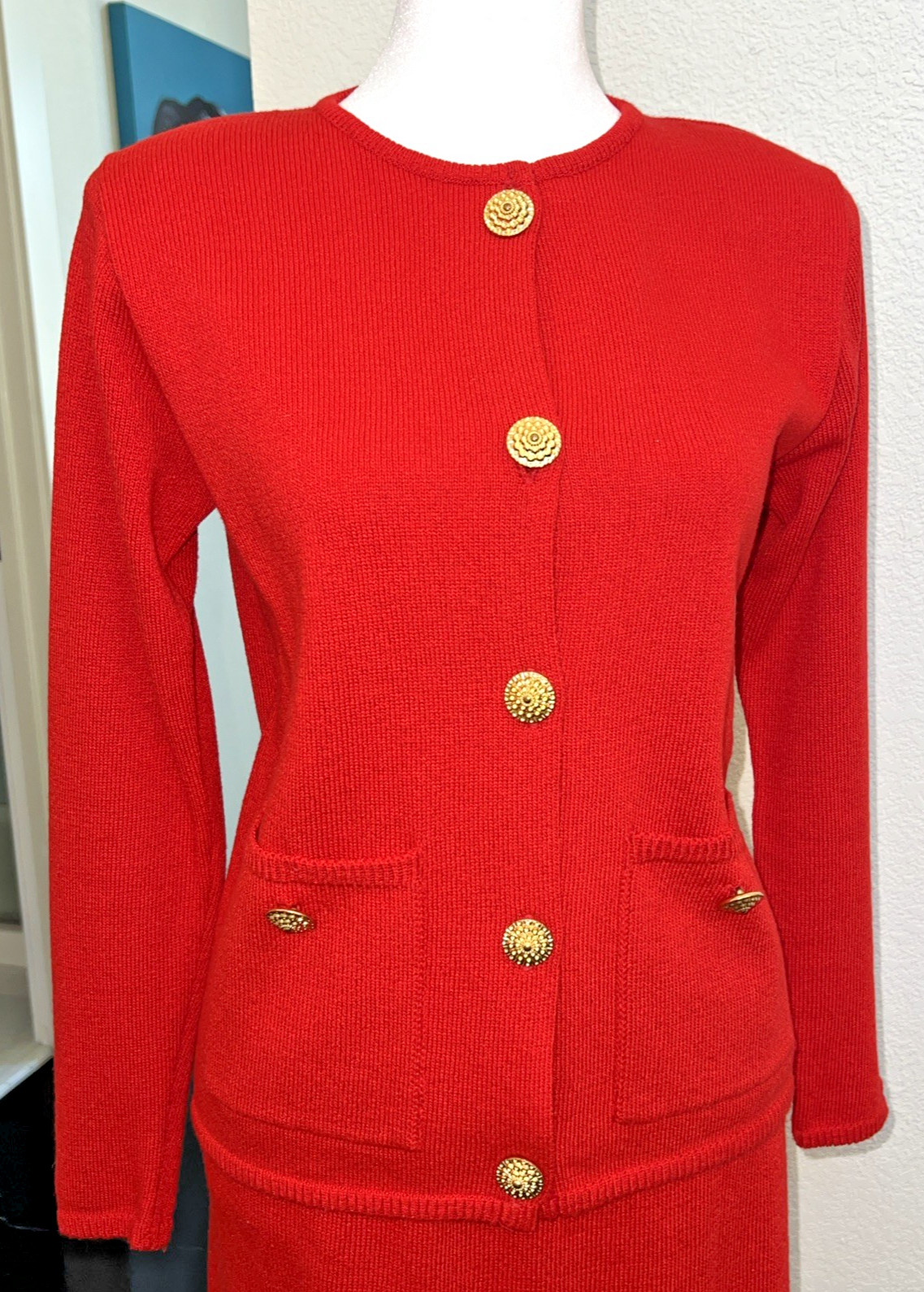 Vtg 80’s two piece cardigan sweater and pencil skirt set red knit size S