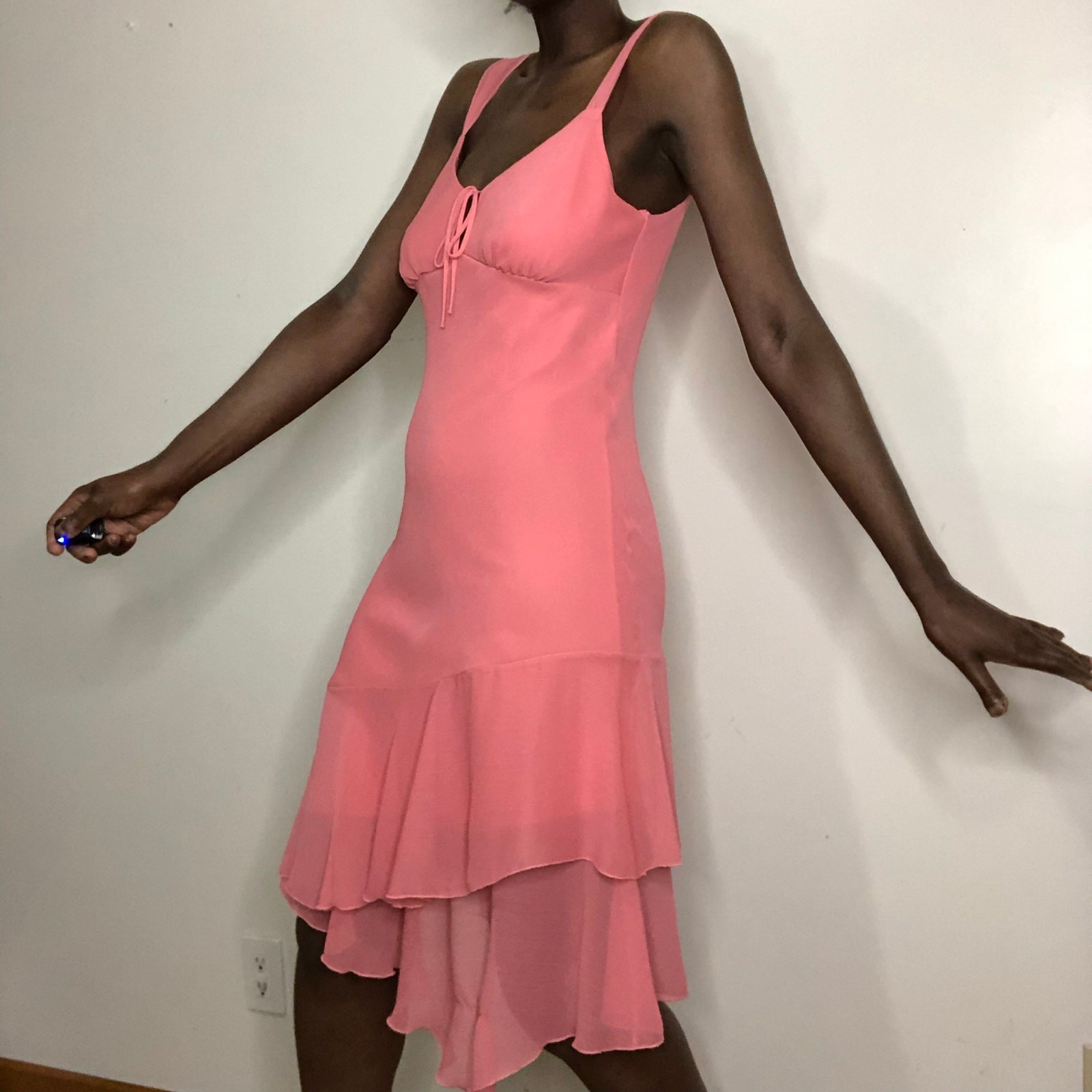 VTG 90s Y2K Pink Chiffon Coquette Fairy Milkmaid Asymmetric Dress Size Large