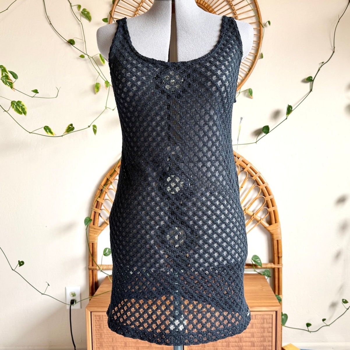 1990s NWT Body Glove Beach Sport Coverup Black Crochet Tank Dress M NOS