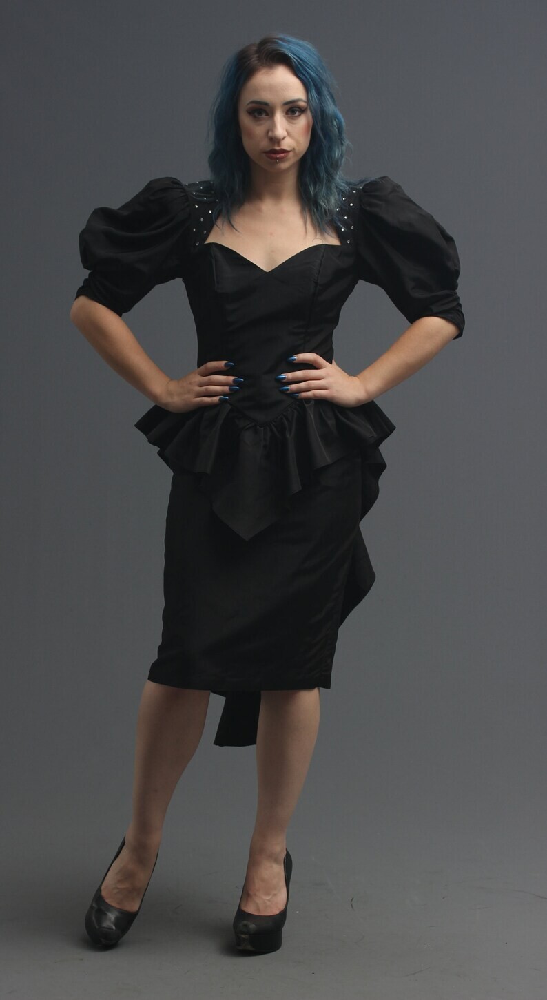 ZumZum 80s Black Avant Garde Dress Sweetheart Peplum Bustle Keyhole XS-S