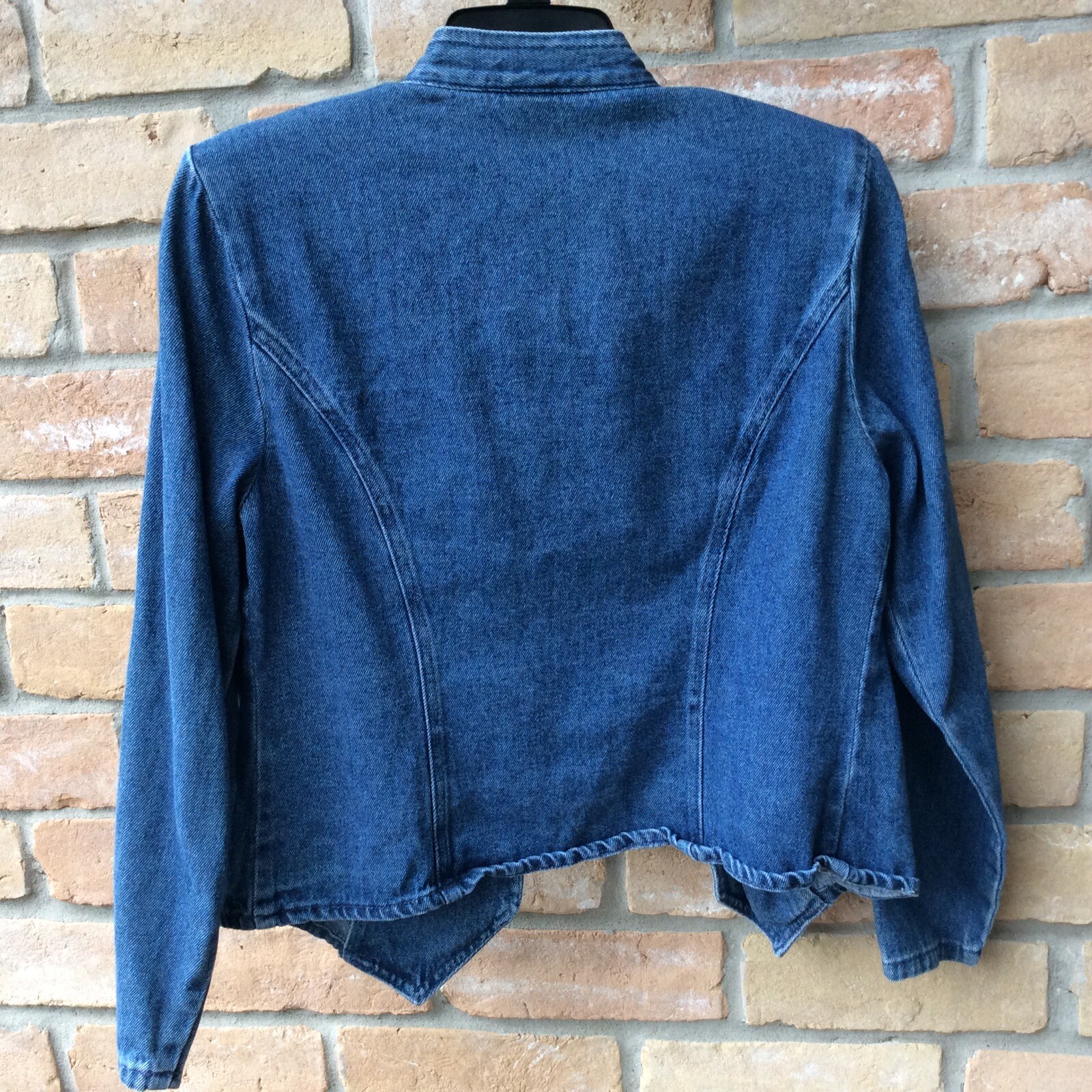 VTG 80s Blue Denim Military Look Jacket Womens Sz S? Shoulder Pads Buttons