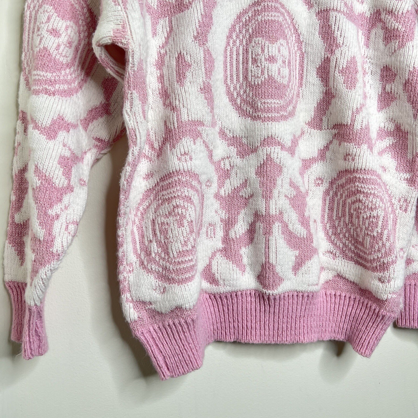 Vintage 80s 90s Cheryl Pink & White Geometric Sweater Approx Large Fairy Kei