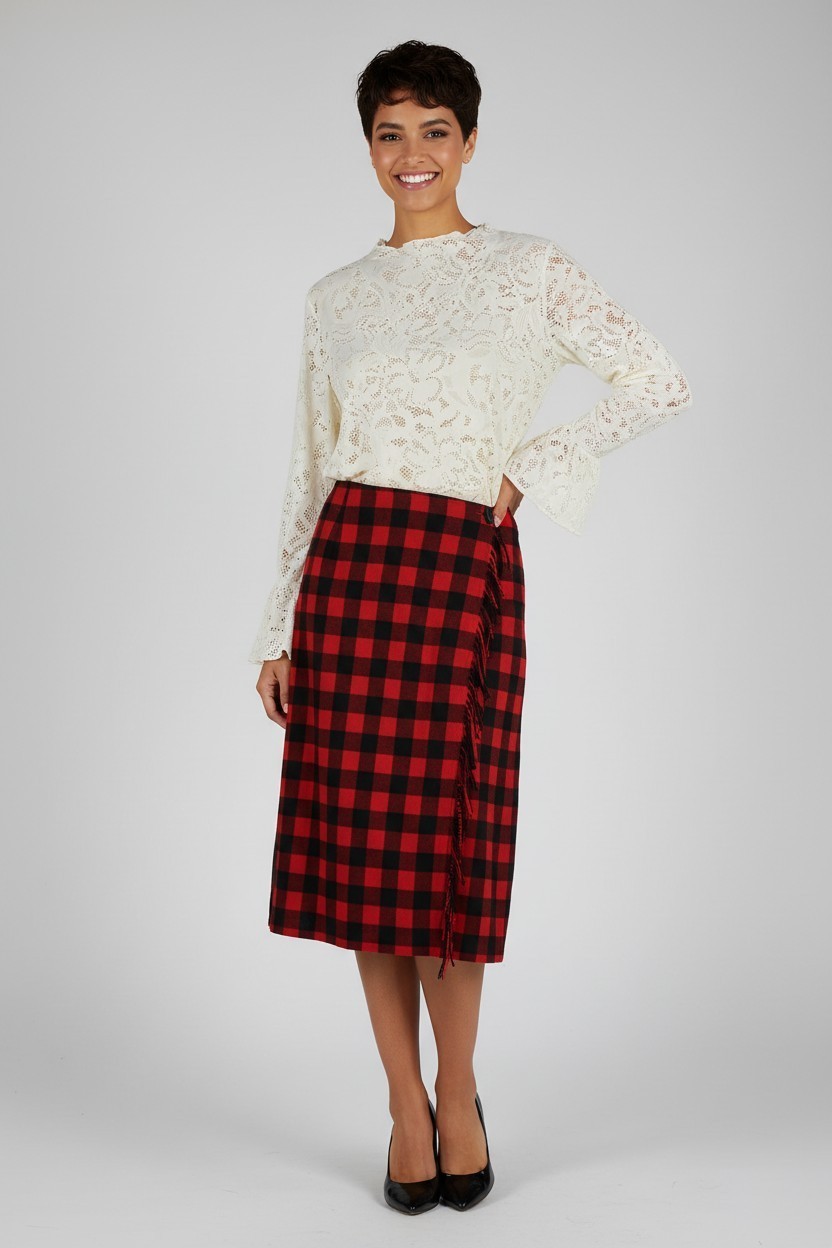 Vintage Liz Claiborne red/black plaid skirt suit set & vintage pearl jewelry set