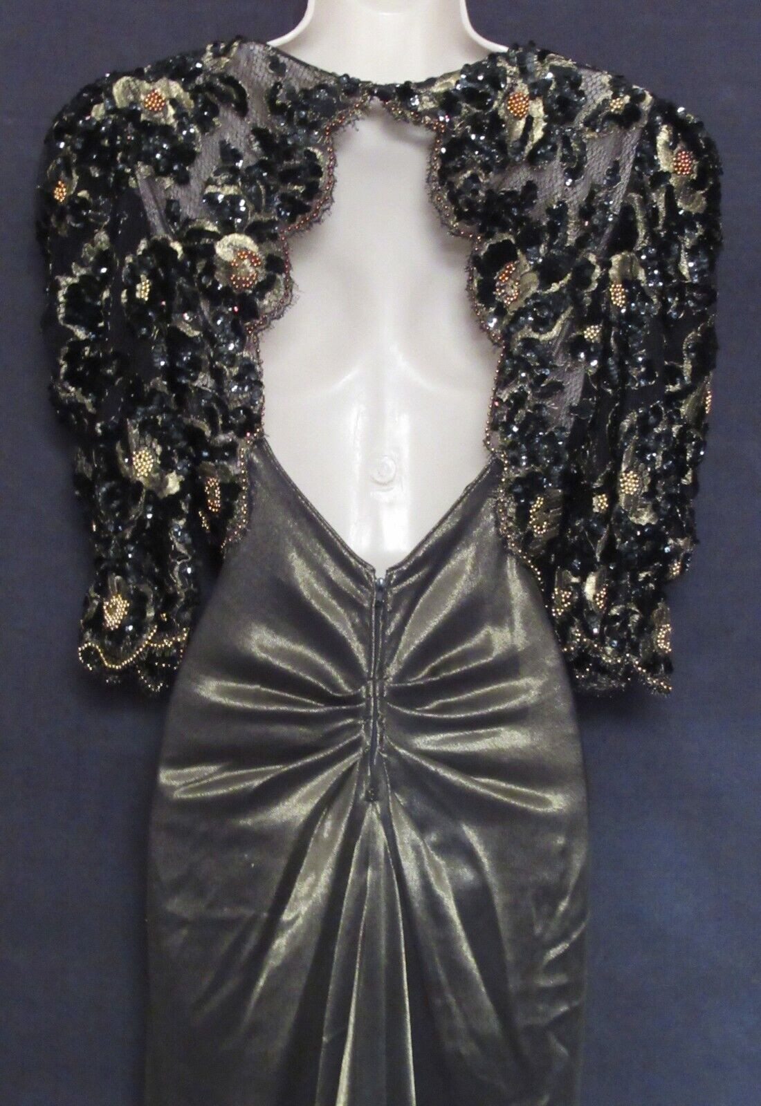 Vintage Digna Yero Black Gold Metallic Sequin Lace Bead Backless Formal Dress 8