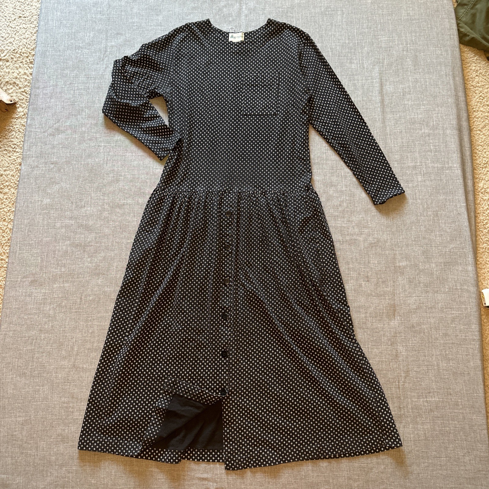VTG 80s Sportables Prairie Ditsy Cotton Long Sleeve Drop Waist Midi Dress M
