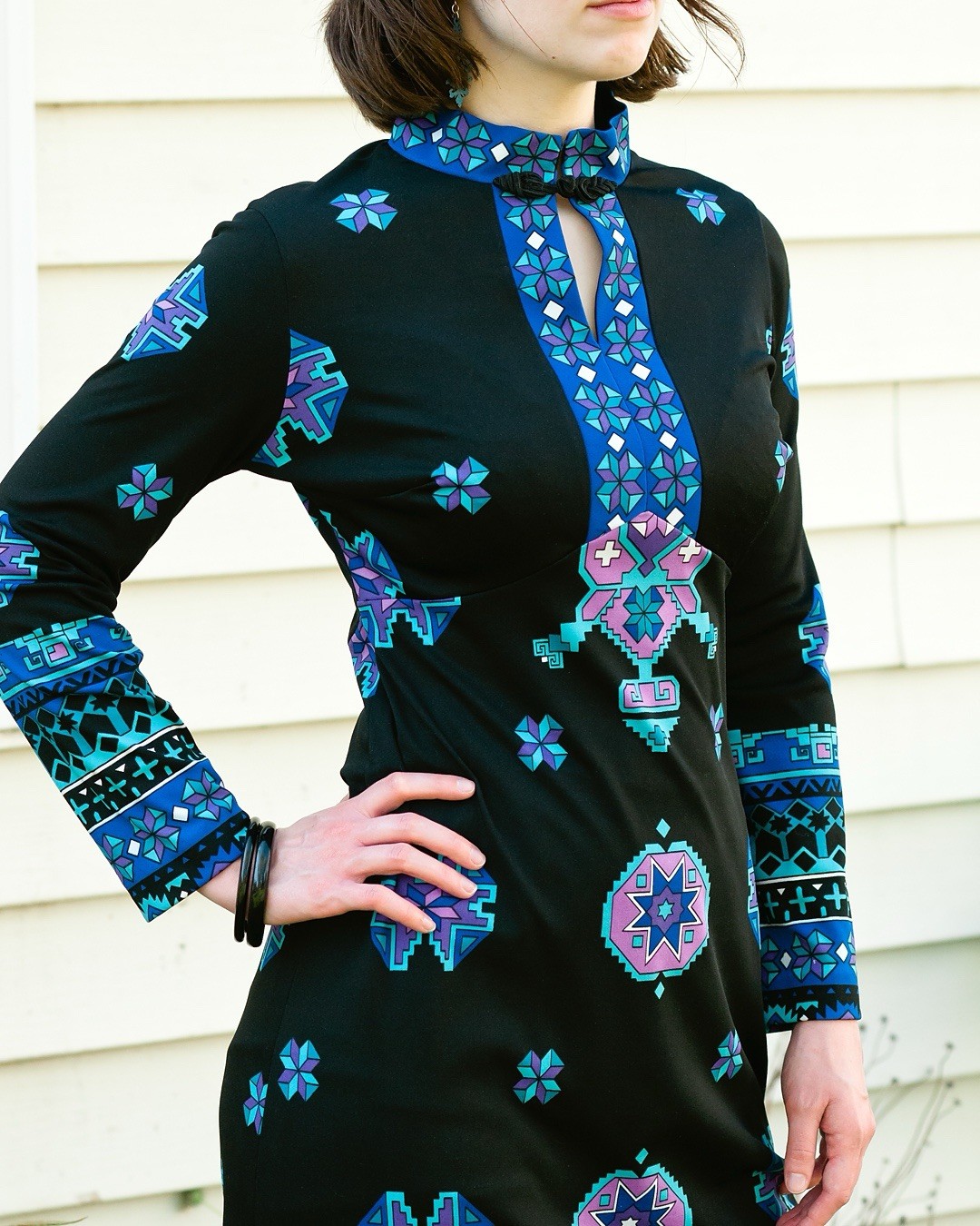 Vintage 1960s 1970s Black Poly Geometric Print Saks Fifth Avenue Maxi Dress S