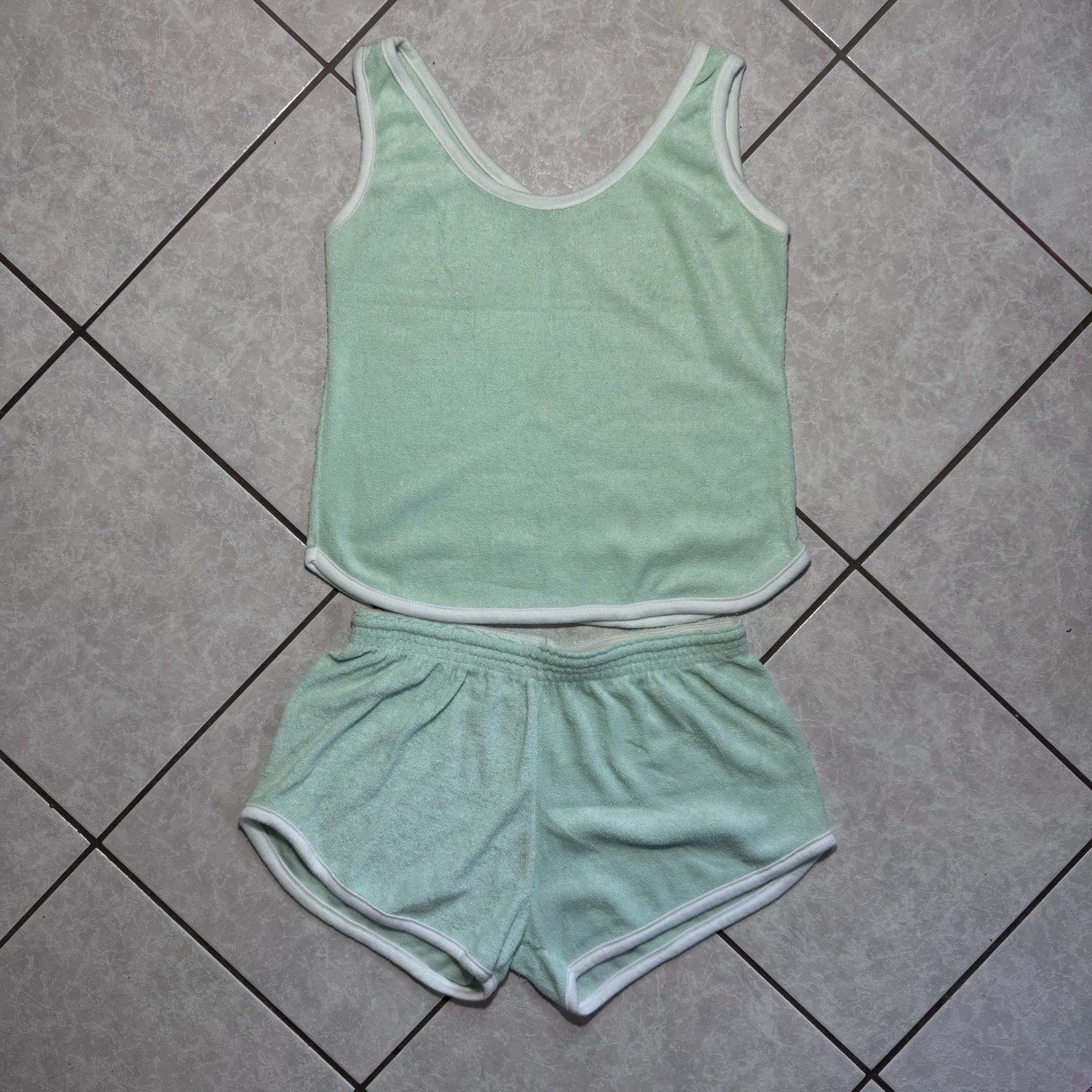 Vintage 70s Terry Cloth High Rise Dolphin Shorts & Tank Green White XS/S Retro