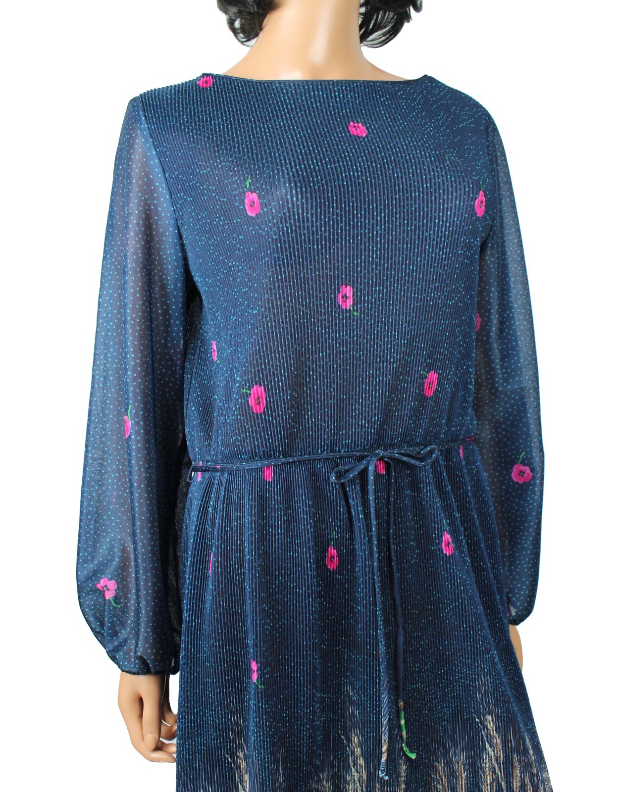 80s Secretary Dress Sz 16 L Vintage Semi Sheer Pleated Blue Pink Green Floral